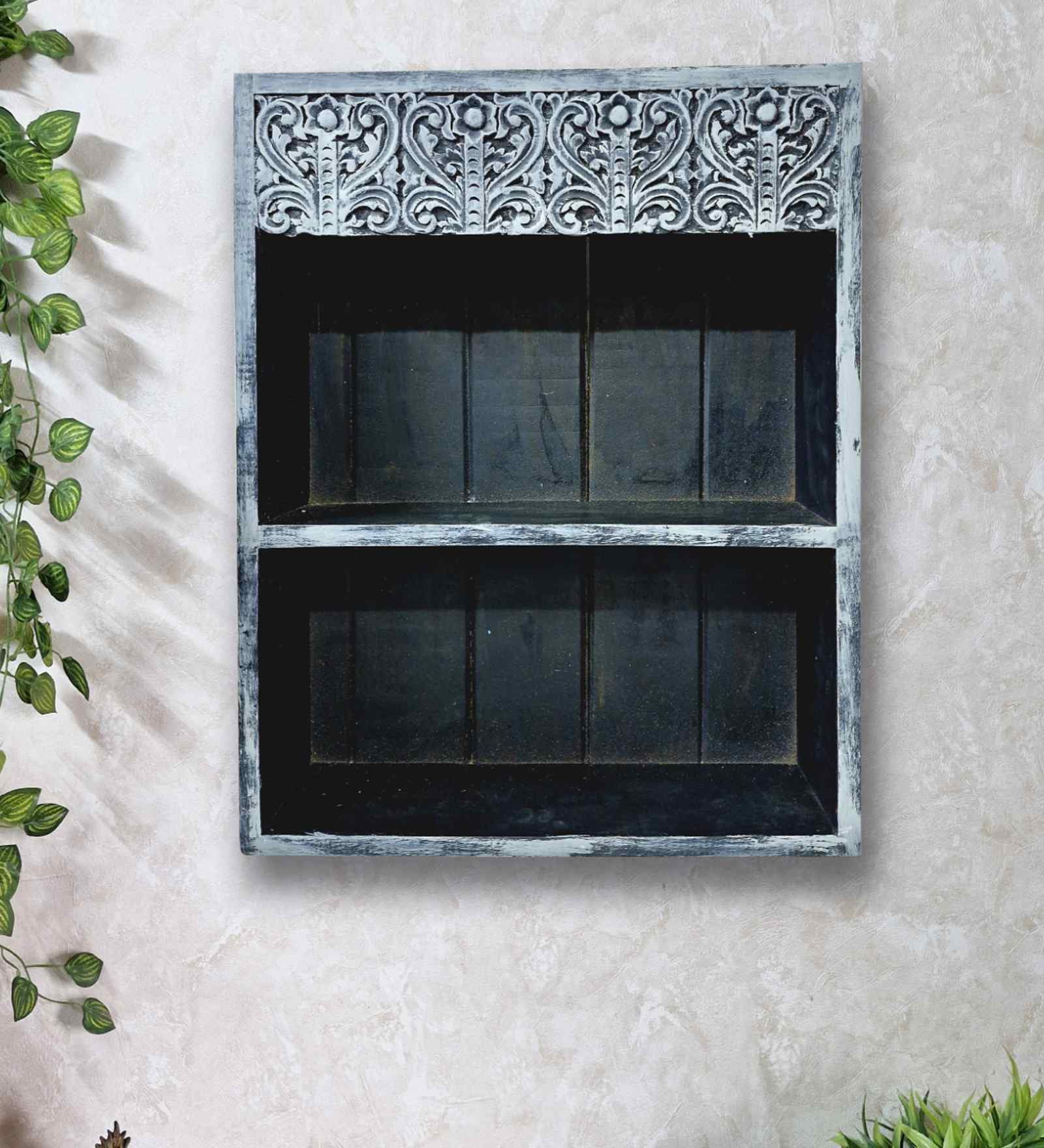 Grey Colour Solid Wood Handcarved Box Style Floating Wall Shelf With Compartment