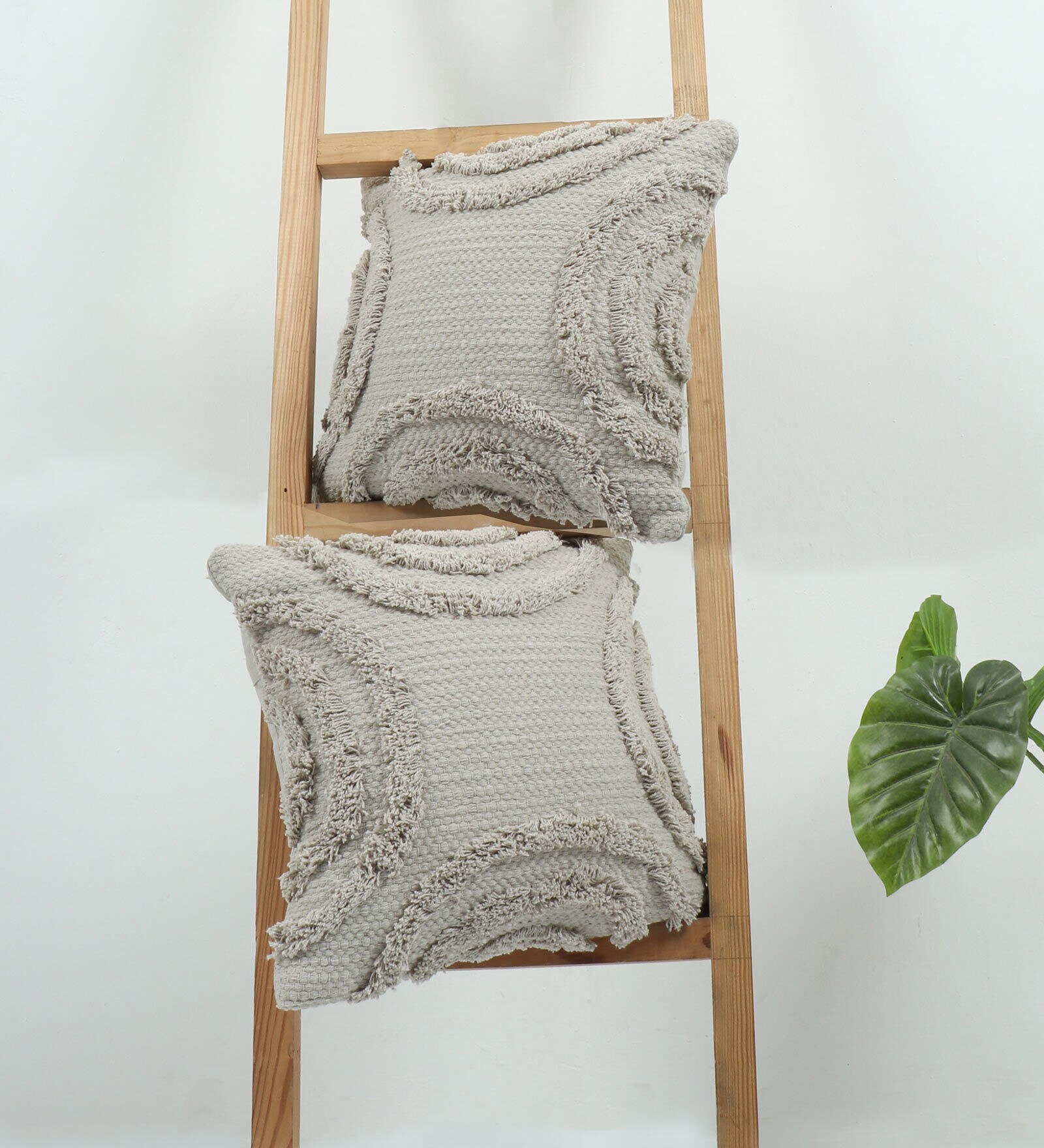 Grey Woven Cotton 16 x 16 Inches Cushion Covers (Set of 2)