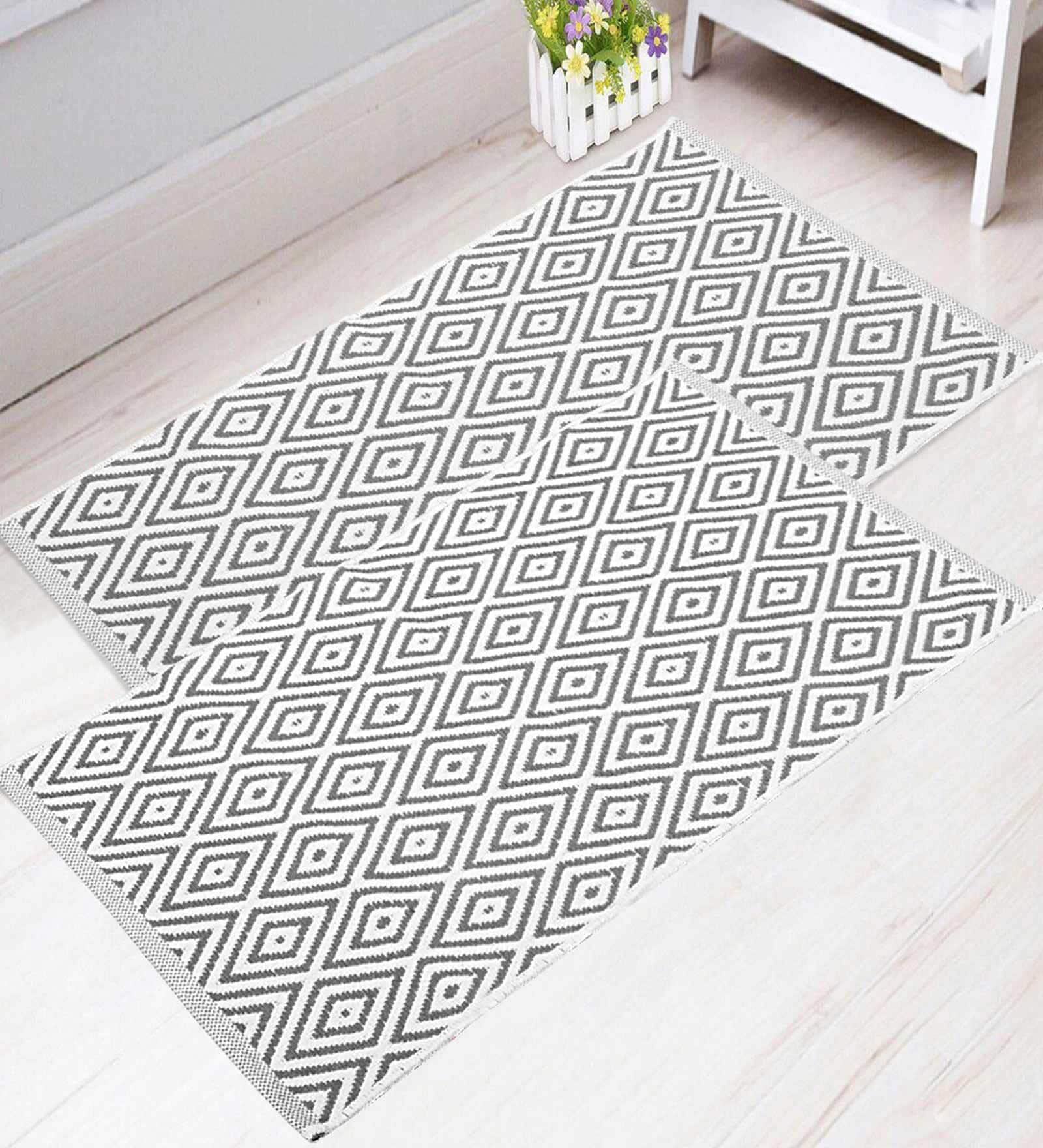 Grey Cotton 2 ft x 3 ft Hand Woven Dhurrie (Pack of 2)