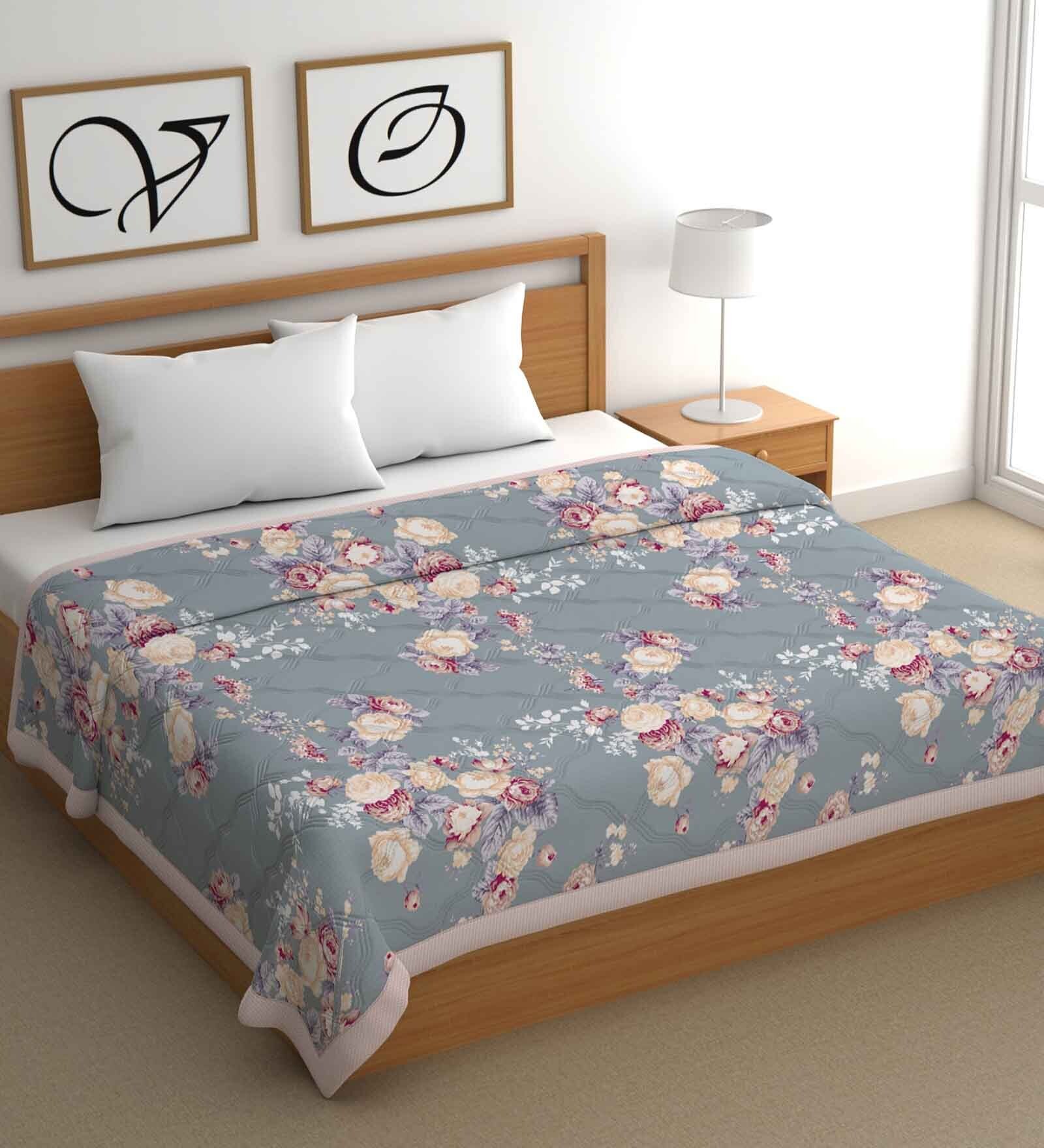 Grey Cotton Floral 500 GSM Double Bed Comforter