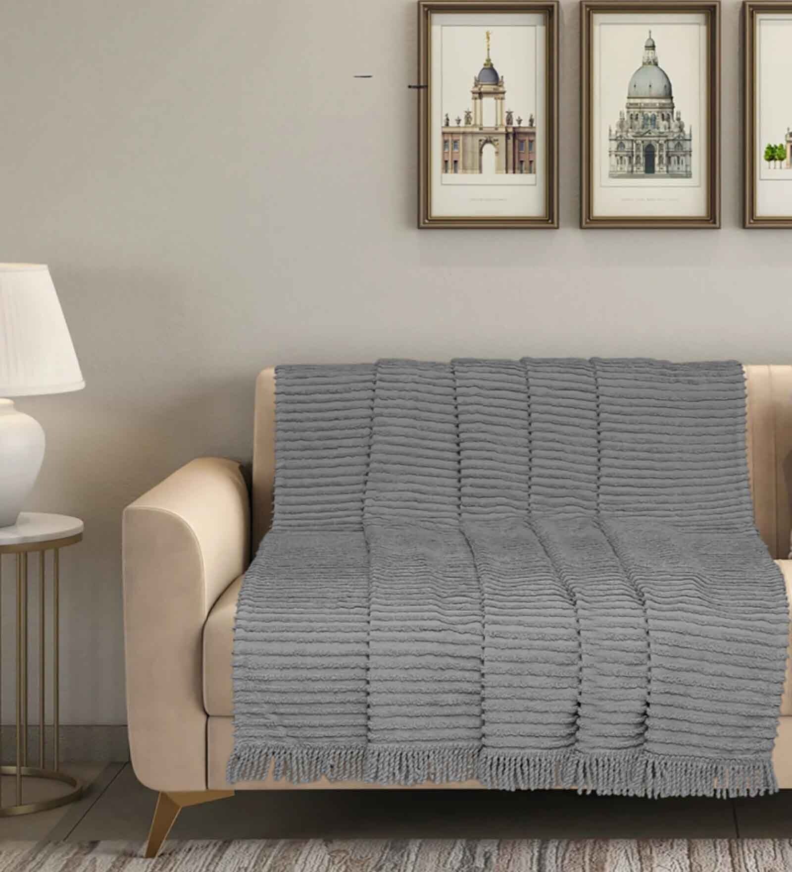 Grey Cotton and Polyester Striped 55 x 82 Inches Throw