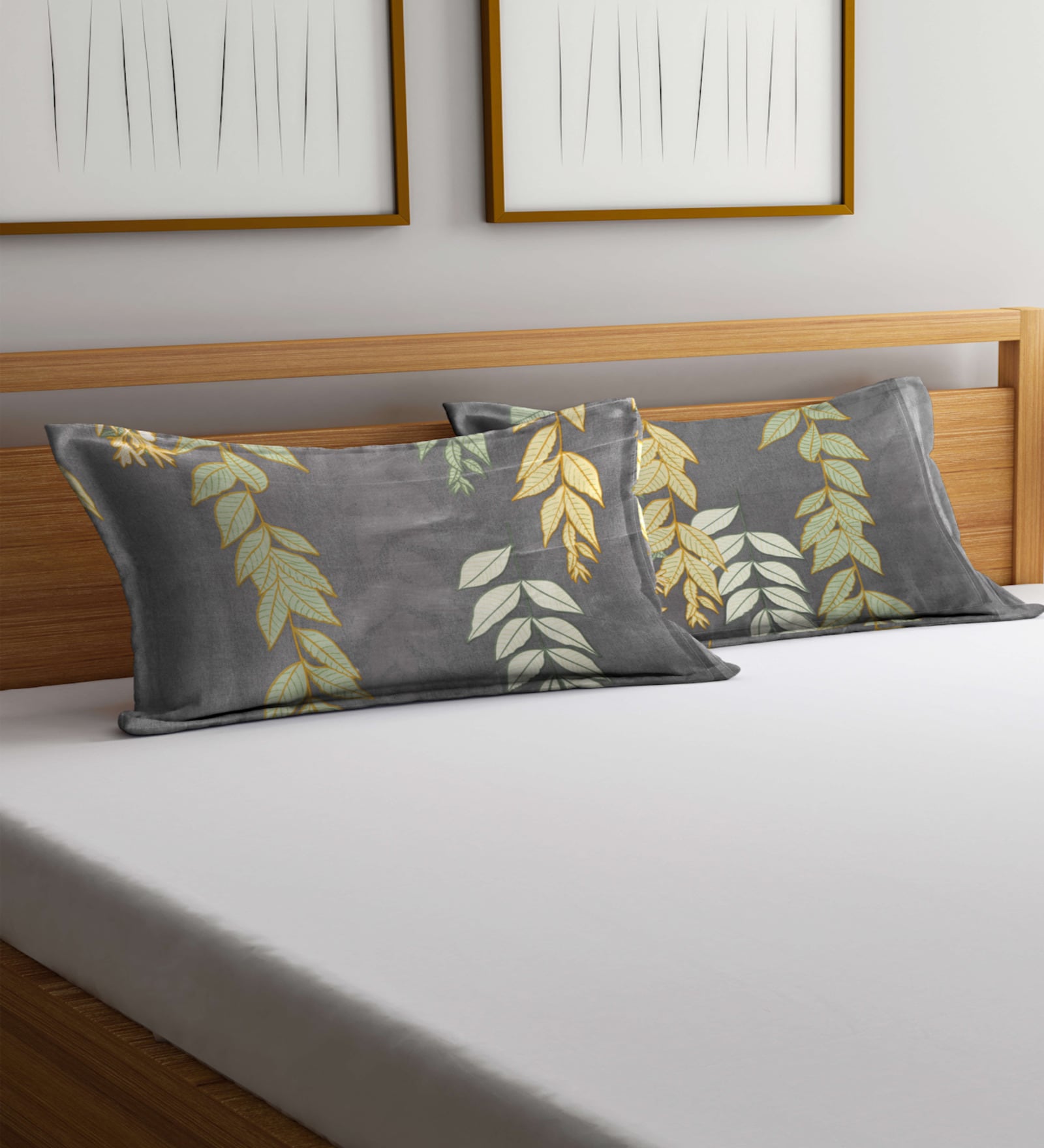 Grey Cotton Blend Florals 28x18 inches Pillow Covers (Pack Of 2)