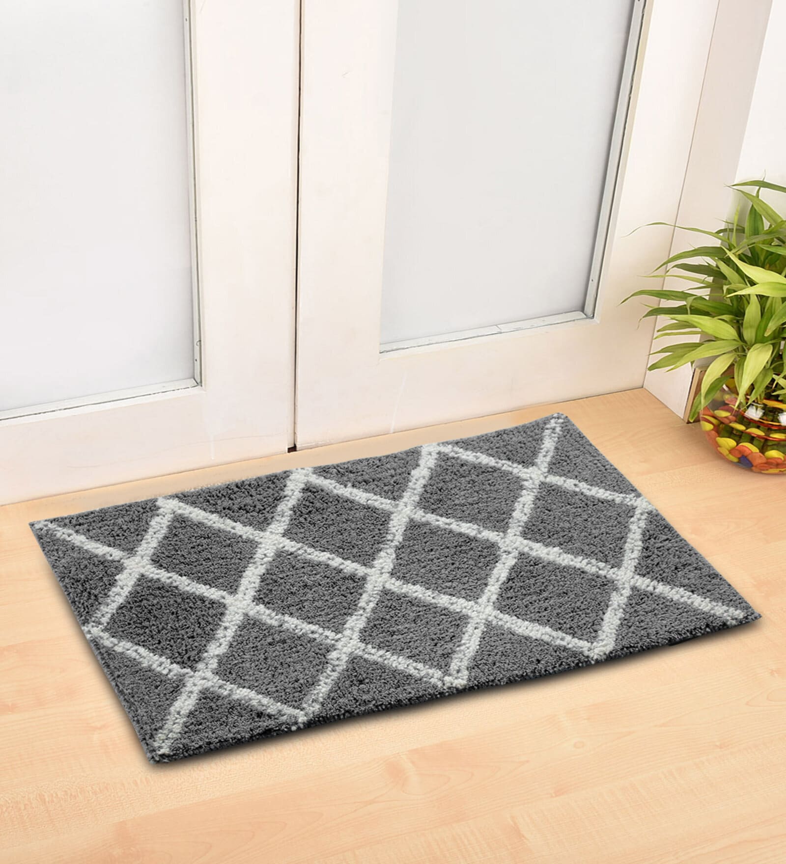 Buy Grey Geometric Cotton Blend 24 x 16 Inches Anti Skid Door Mat by