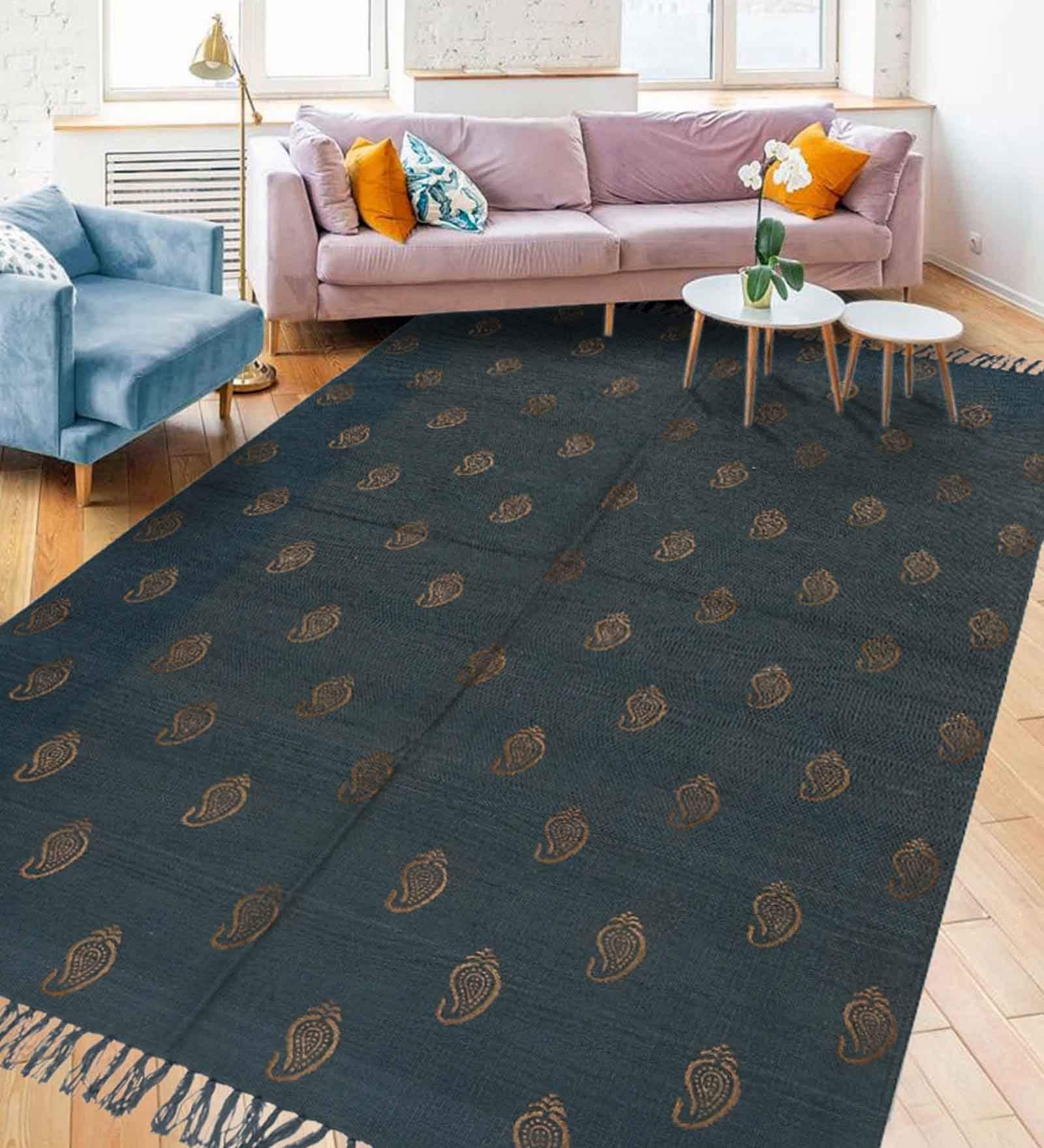 Grey Cotton Block Printed Hand Woven 6 x 4 Feet Dhurrie