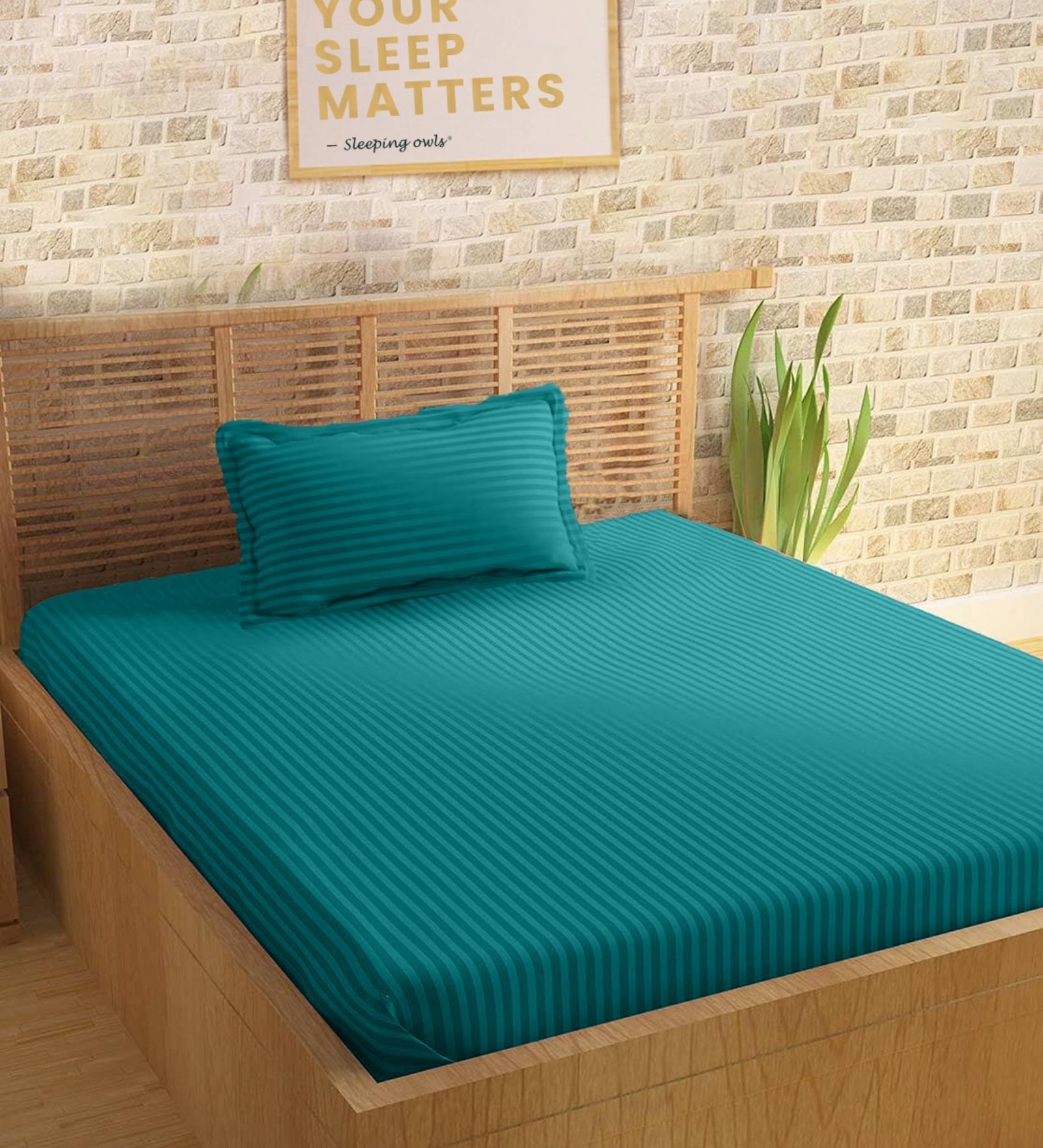 Green Cotton 210TC Striped Single Bedsheet with 1 Pillow Cover