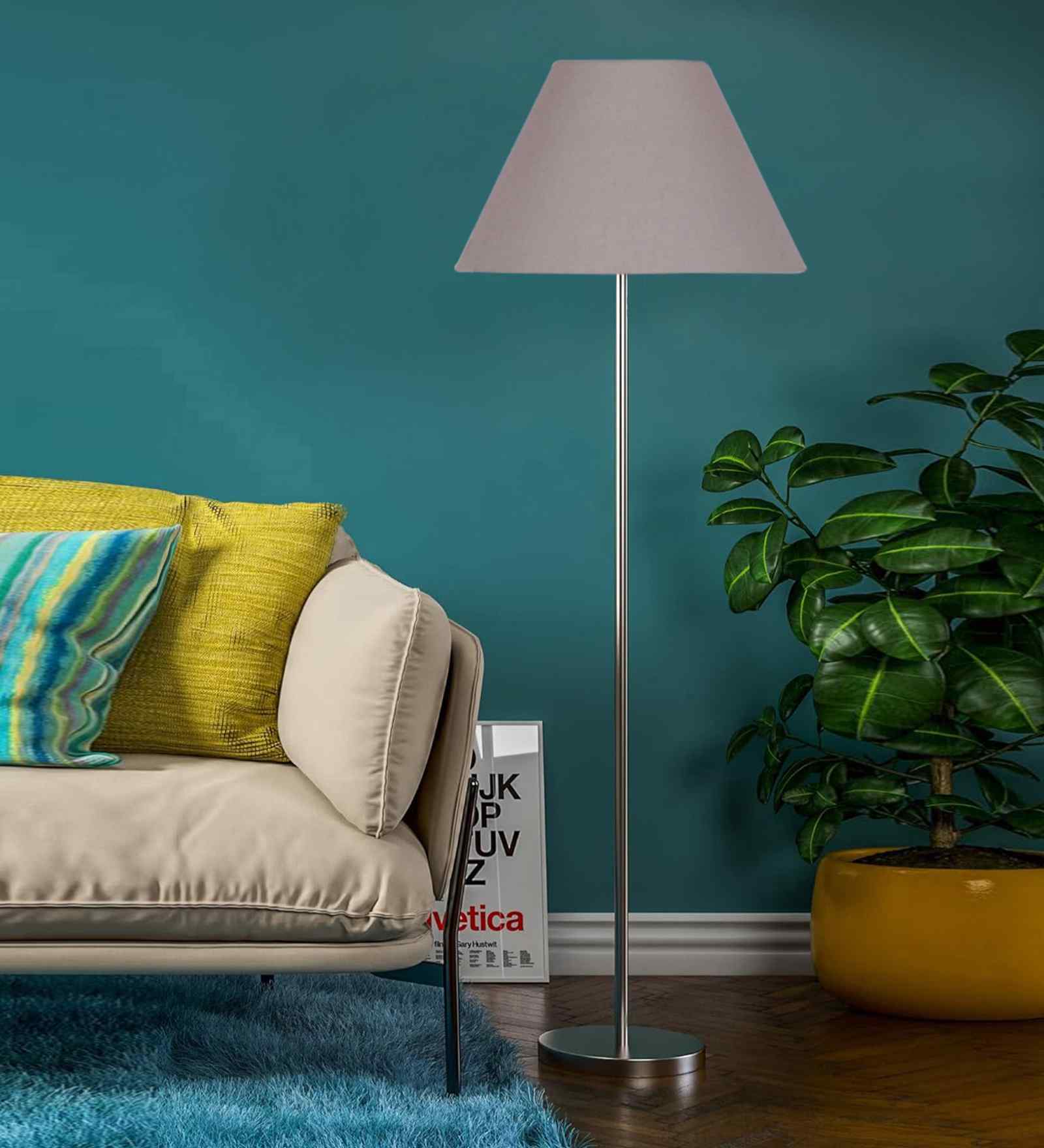 Grey Cotton Conical Shade Steel Floor Lamp Steel Base