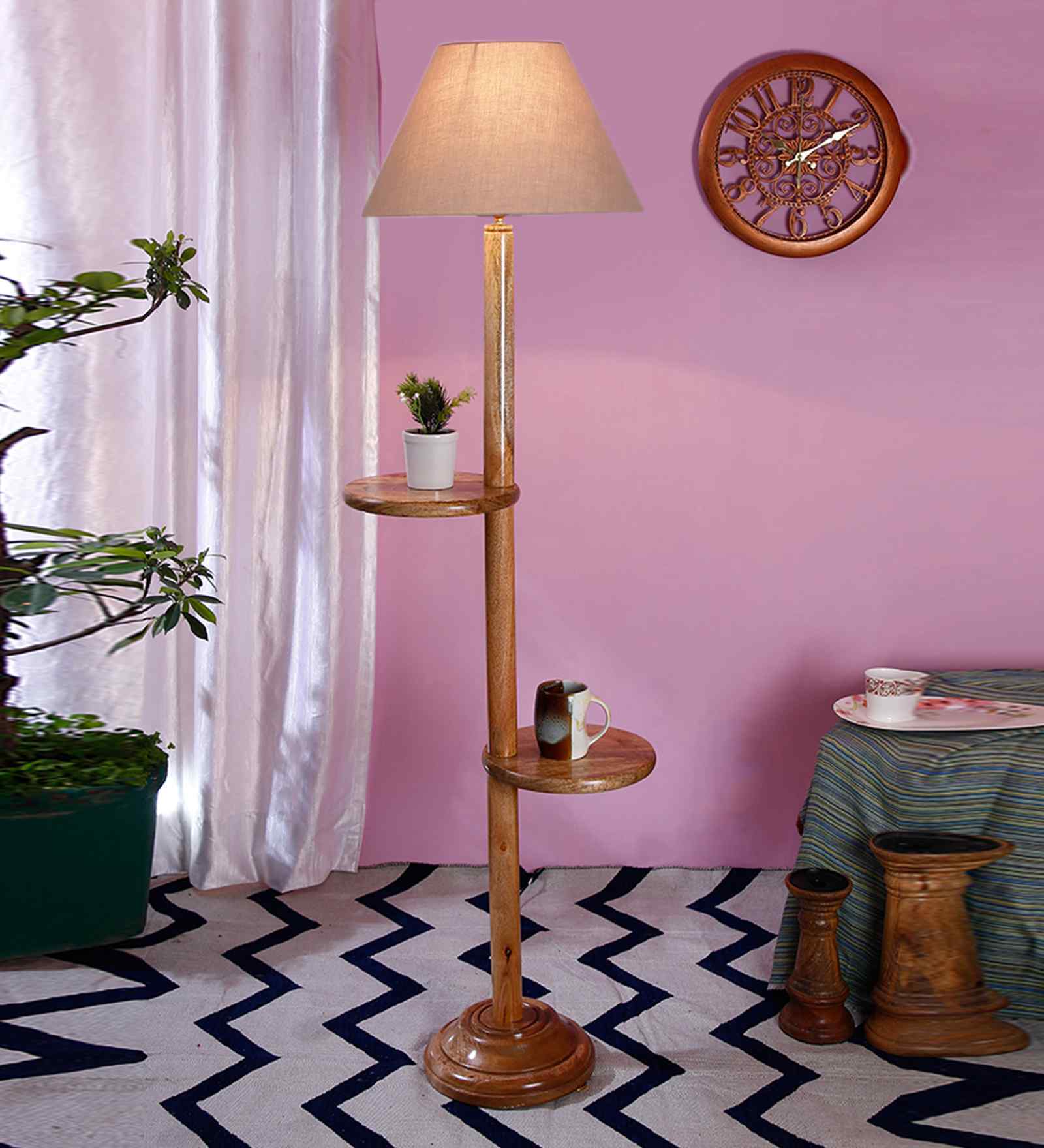 Grey Cotton Conical Wooden Floor Lamp