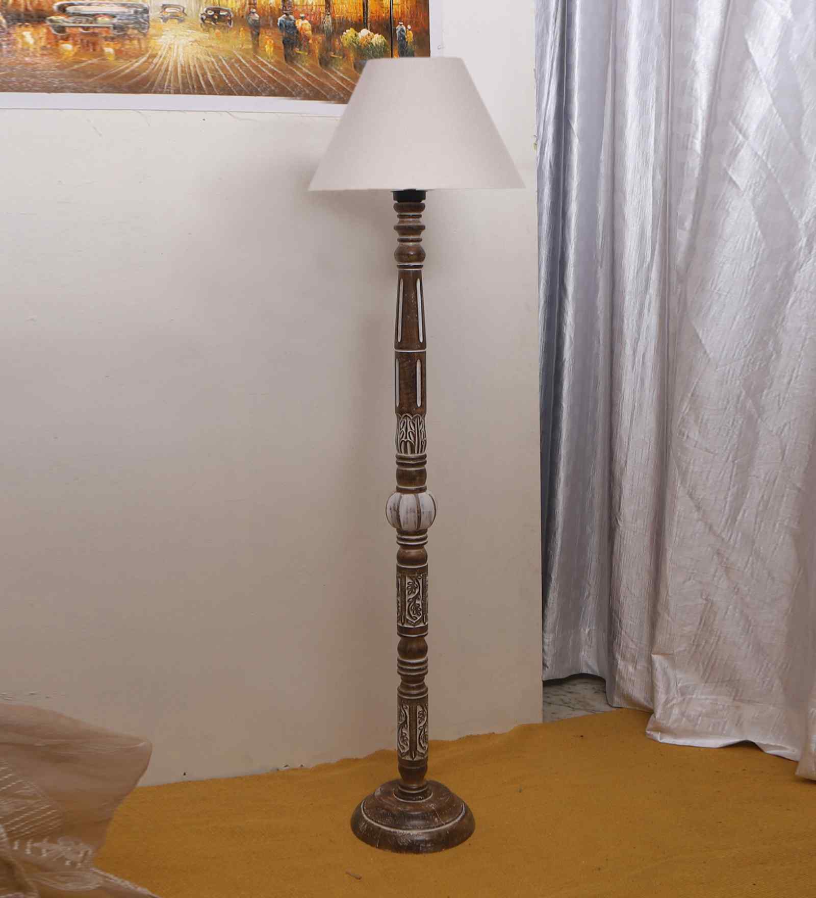 Grey Cotton Conical Wooden Floor Lamp