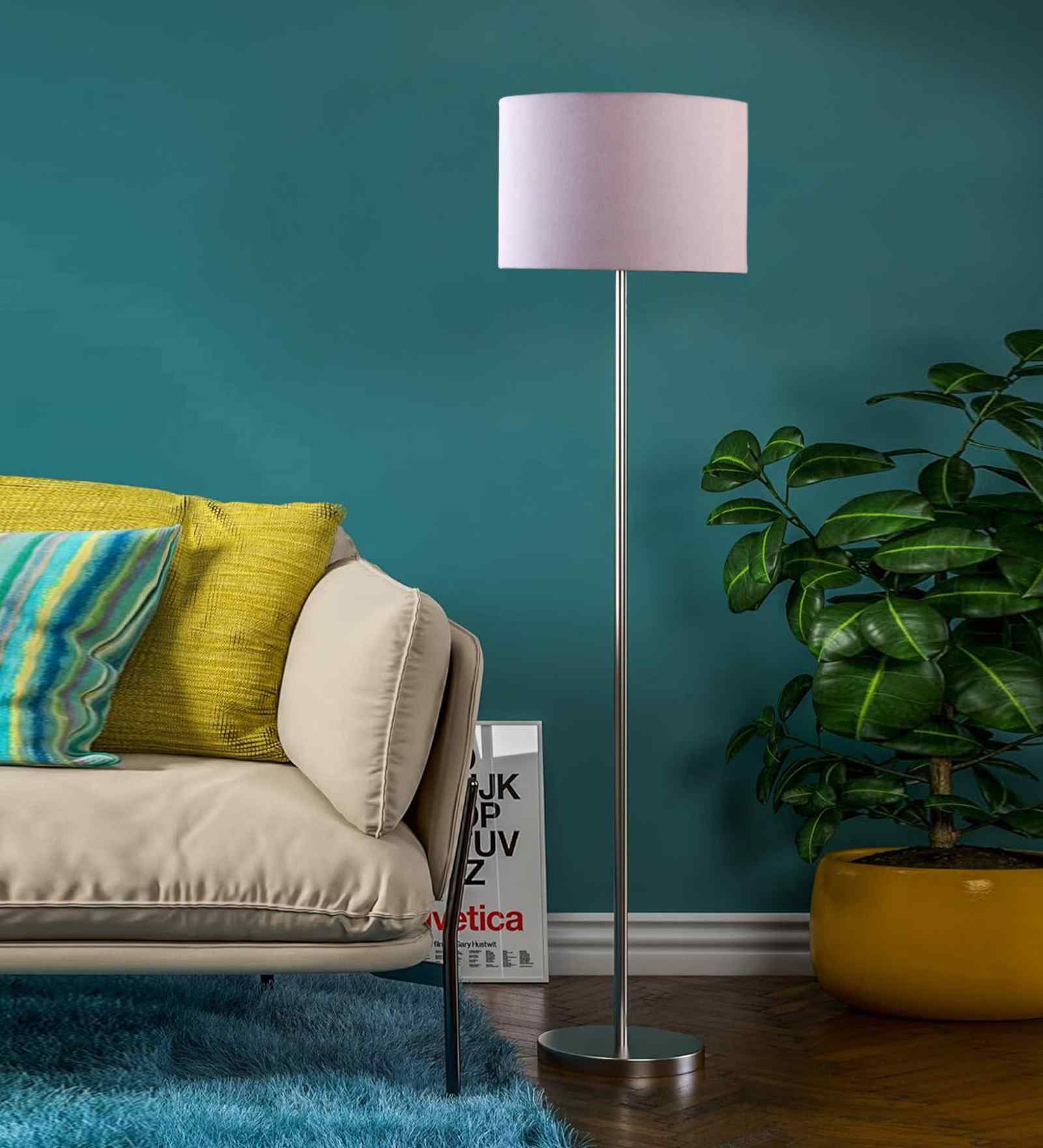 Grey Cotton Drum Shade Steel Floor Lamp Steel Base