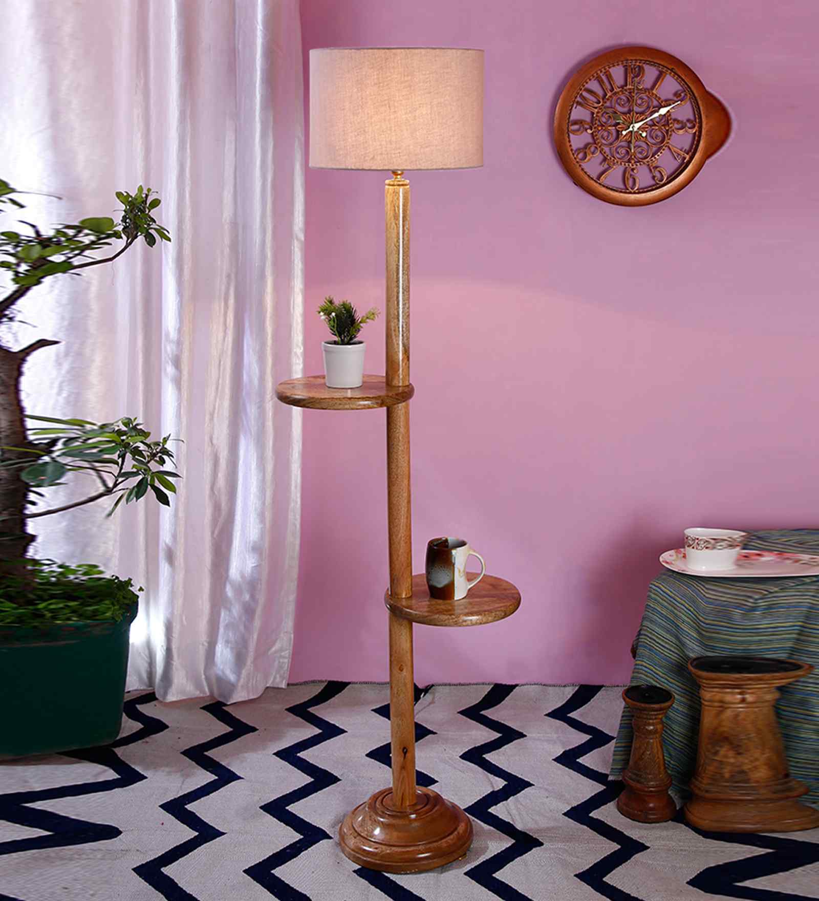 Grey Cotton Drum Wooden Floor Lamp