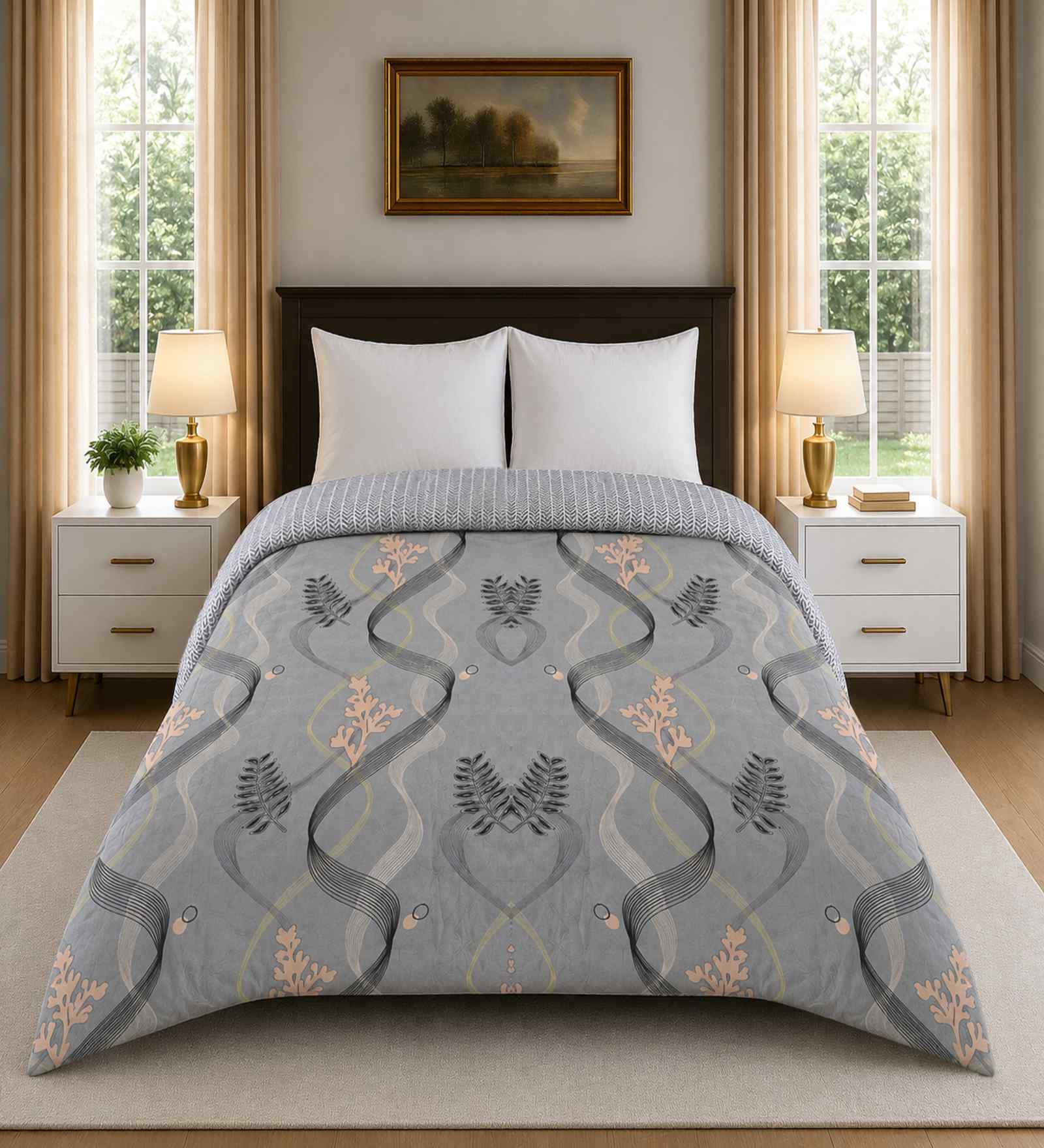 Grey Cotton Floral 300 Gsm Double Bed Reversible Comforter