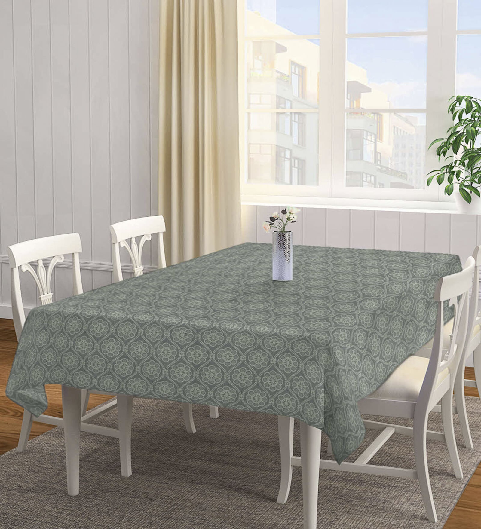 Floral Handwoven (90x60) Grey Cotton Table Cloth