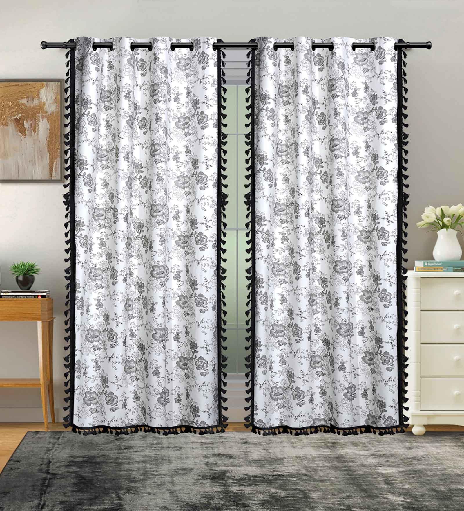 Grey Cotton Floral 9Ft Light Filtering Eyelet (Set Of 2) Long Door Curtains