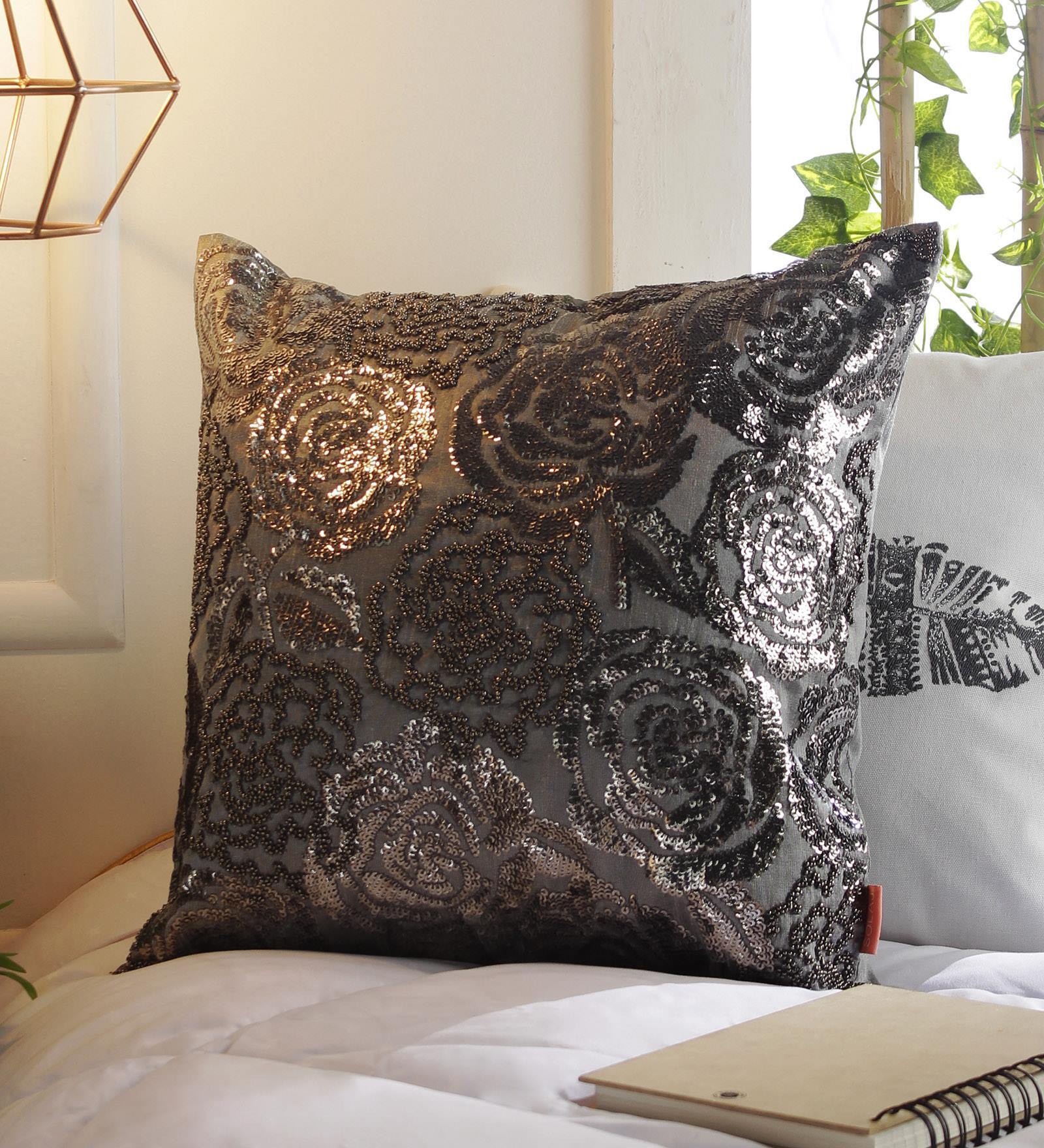 Floral Pattern Cotton Grey Cushion Cover 16 x 16 inches