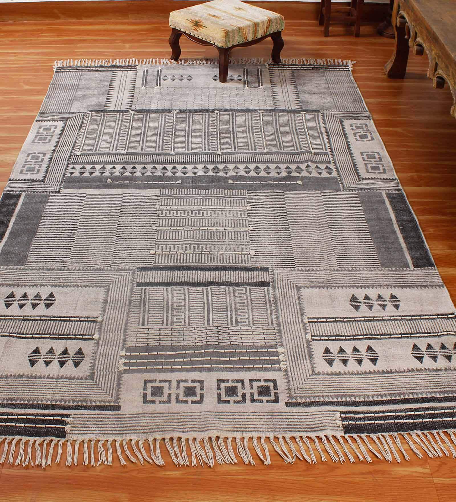 Grey Cotton Geometric 3x2 Hand Woven Dhurrie