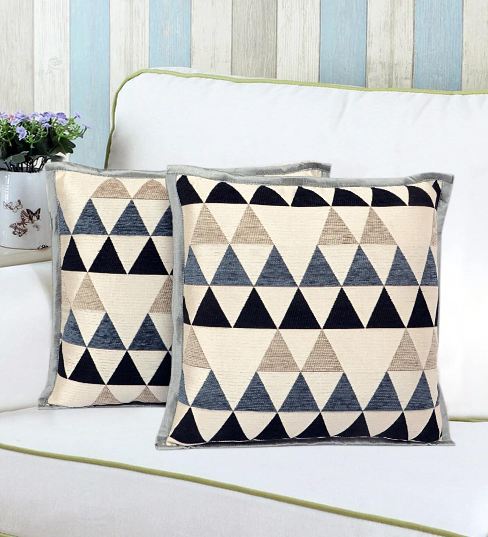 Grey Geometric Cotton 16 x 16 Inches Cushion Covers (Set of 2)
