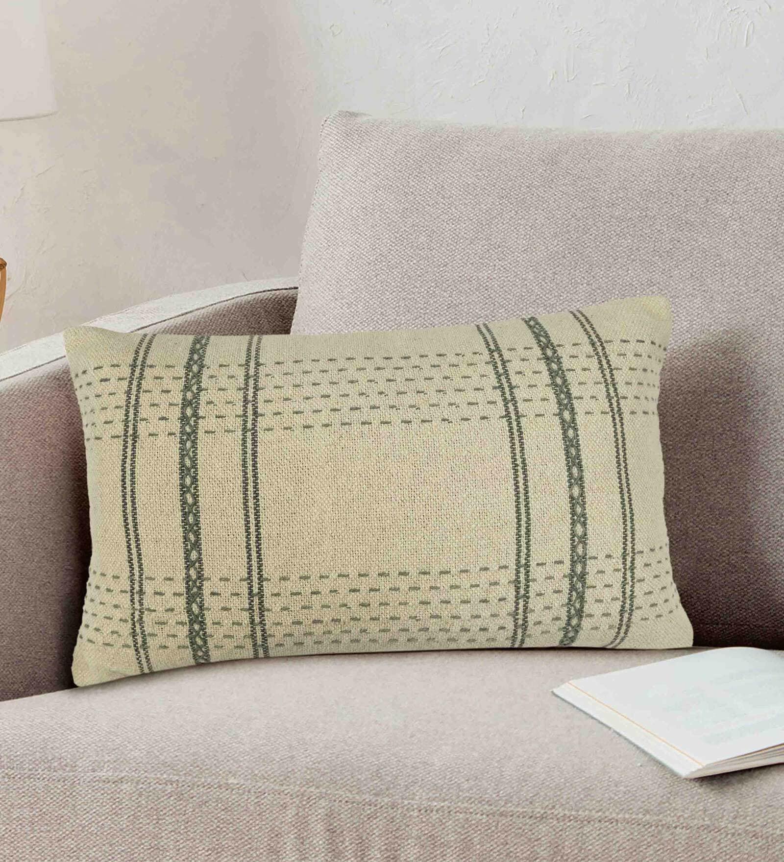 Green Woven Cotton 24 x 16 Inches Cushion Cover