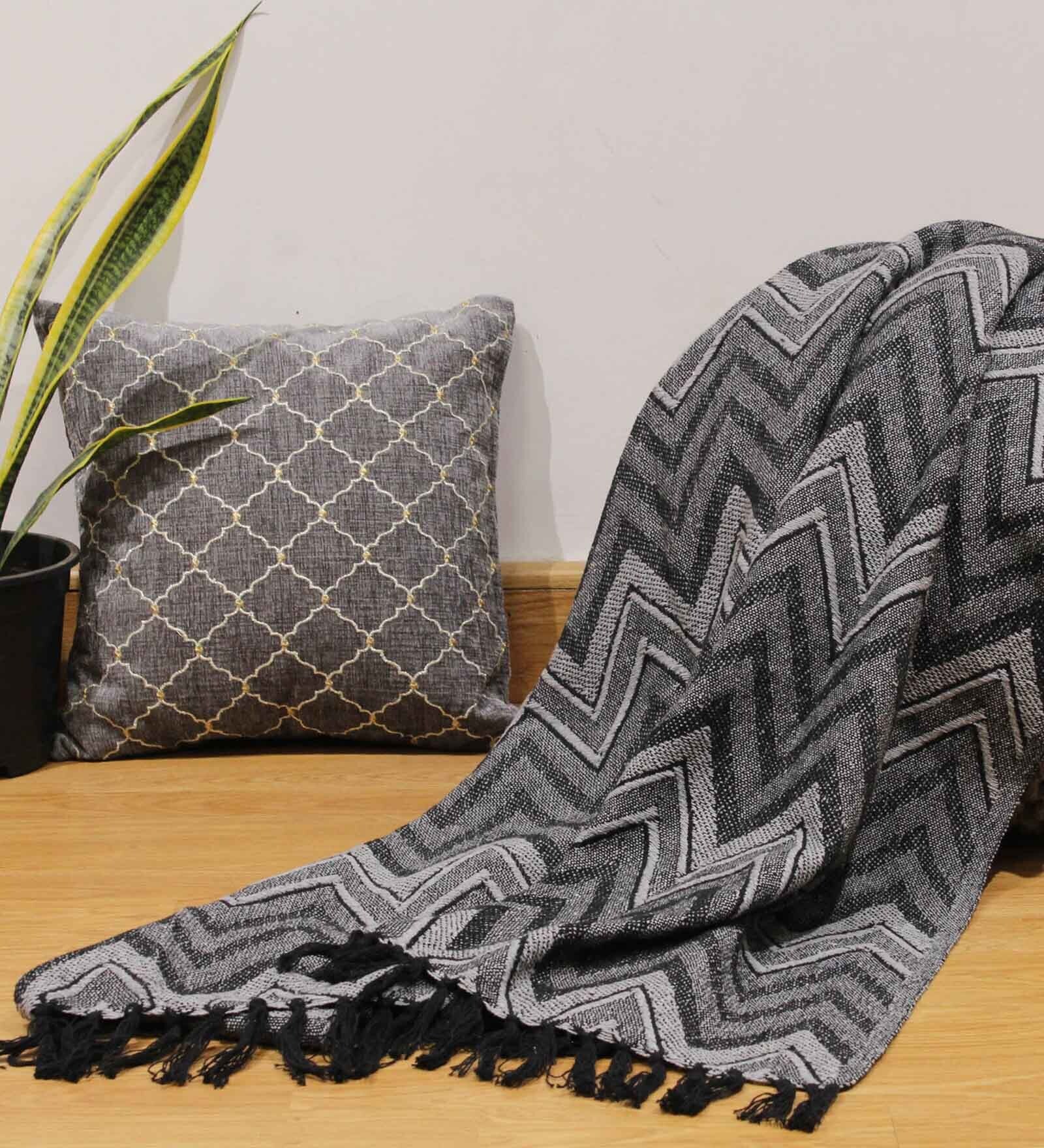 Grey Cotton Geometric 60 X 50 Inches Throw