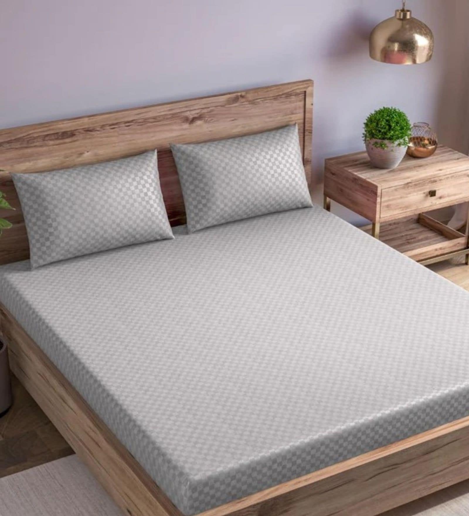 Grey Cotton Jacquard 300TC checked Super King Bedsheet with 2 Pillow Covers