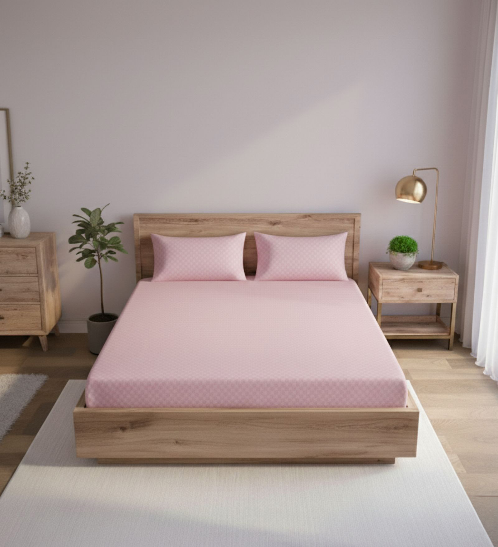 Pink Cotton Jacquard 300TC checked Super King Bedsheet with 2 Pillow Covers