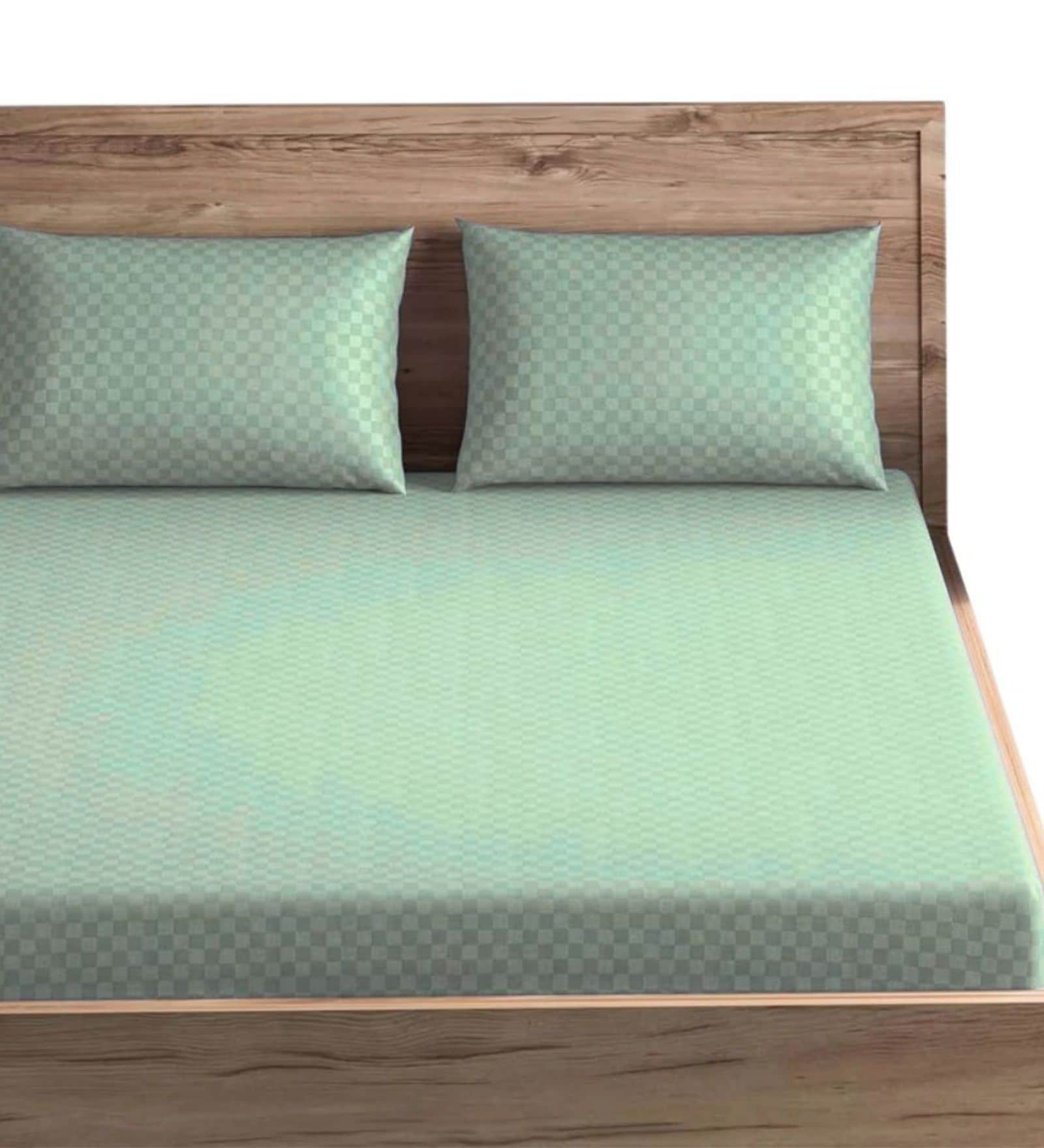 Green Cotton Jacquard 300TC checked Super King Bedsheet with 2 Pillow Covers