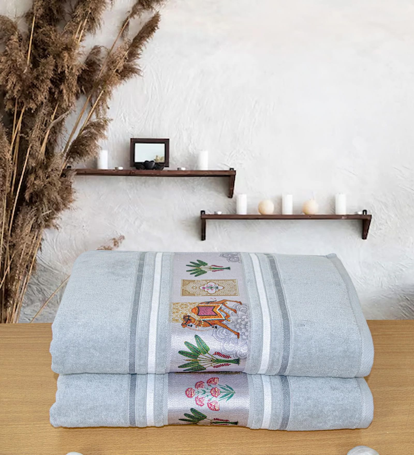 Grey Cotton Printed  460 GSM Bath Towels Pack of 2