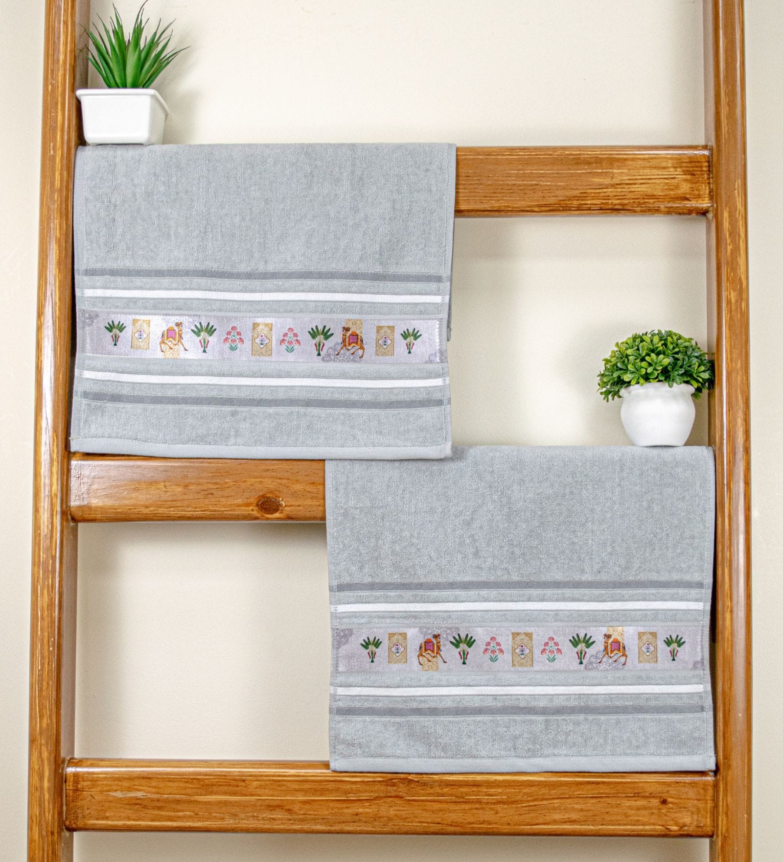 Grey Cotton Printed  460 GSM Hand Towels Pack of 2