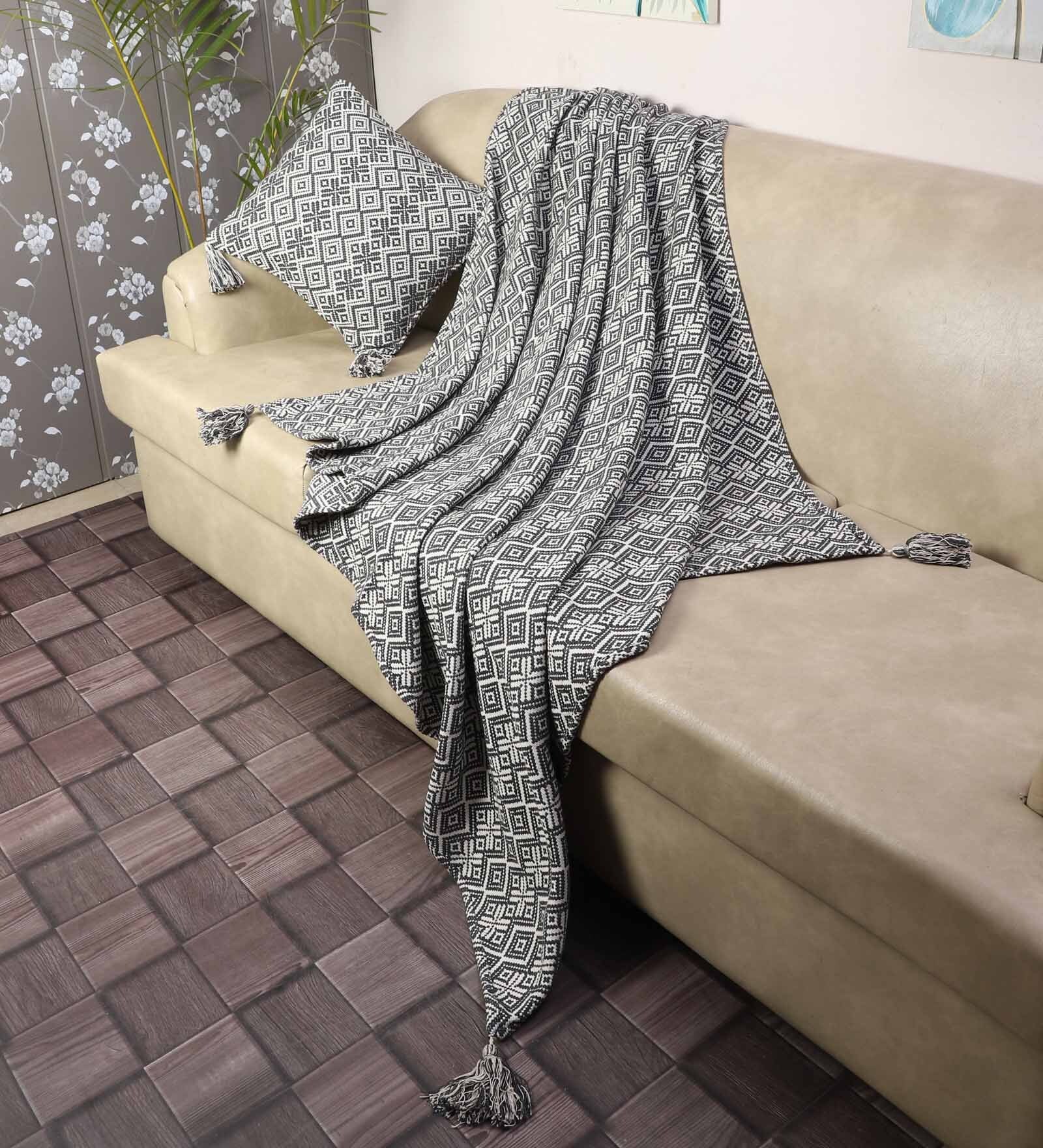 Grey Cotton Woven Pattern 68 X 52 Inch Throw