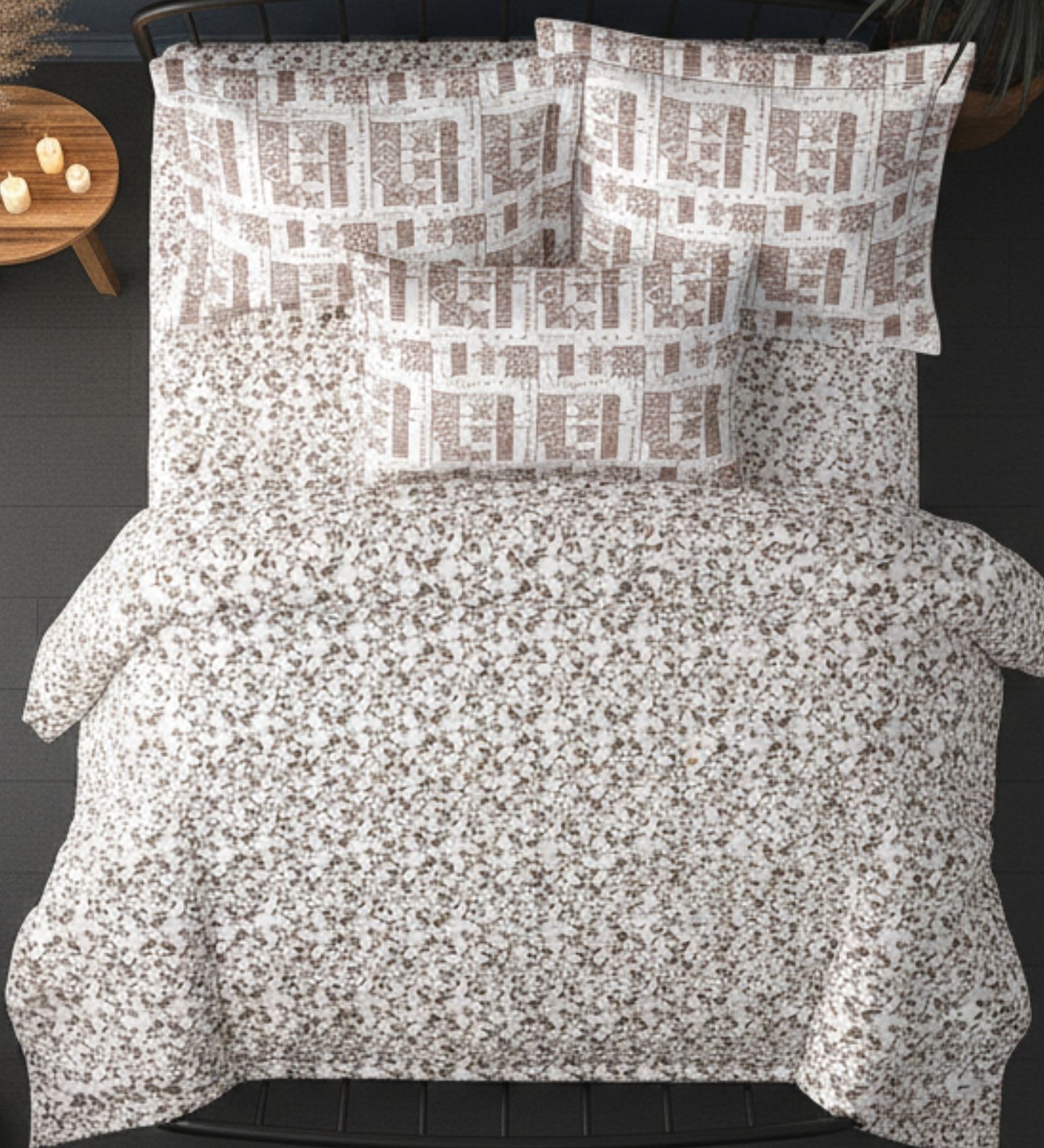 Grey Cotton Pritned 300TC Super King Bedsheet with 2 Coordinate Pillow Covers