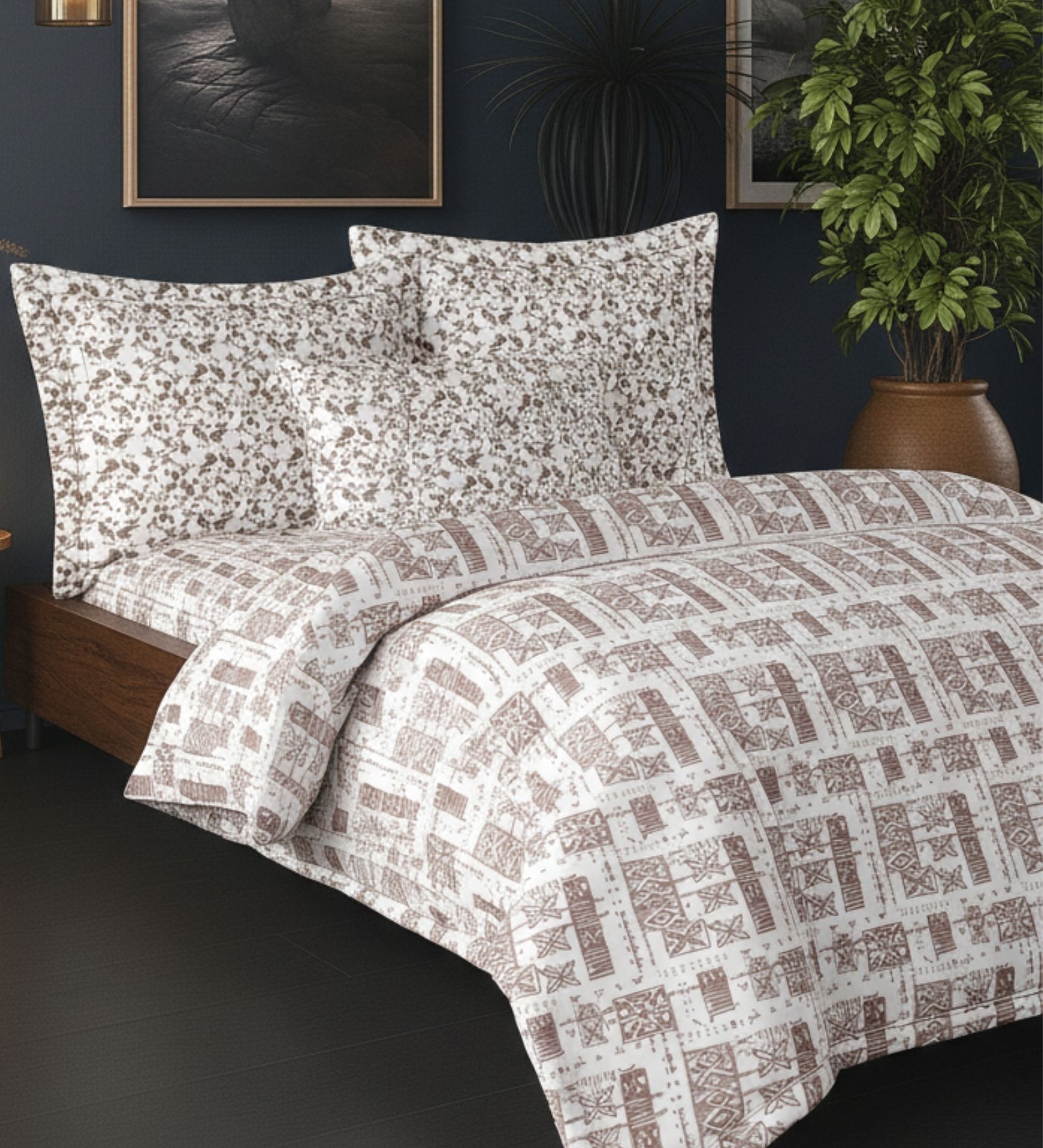 Grey Cotton Pritned 300TC Super King Bedsheet with 2 Coordinate Pillow Covers