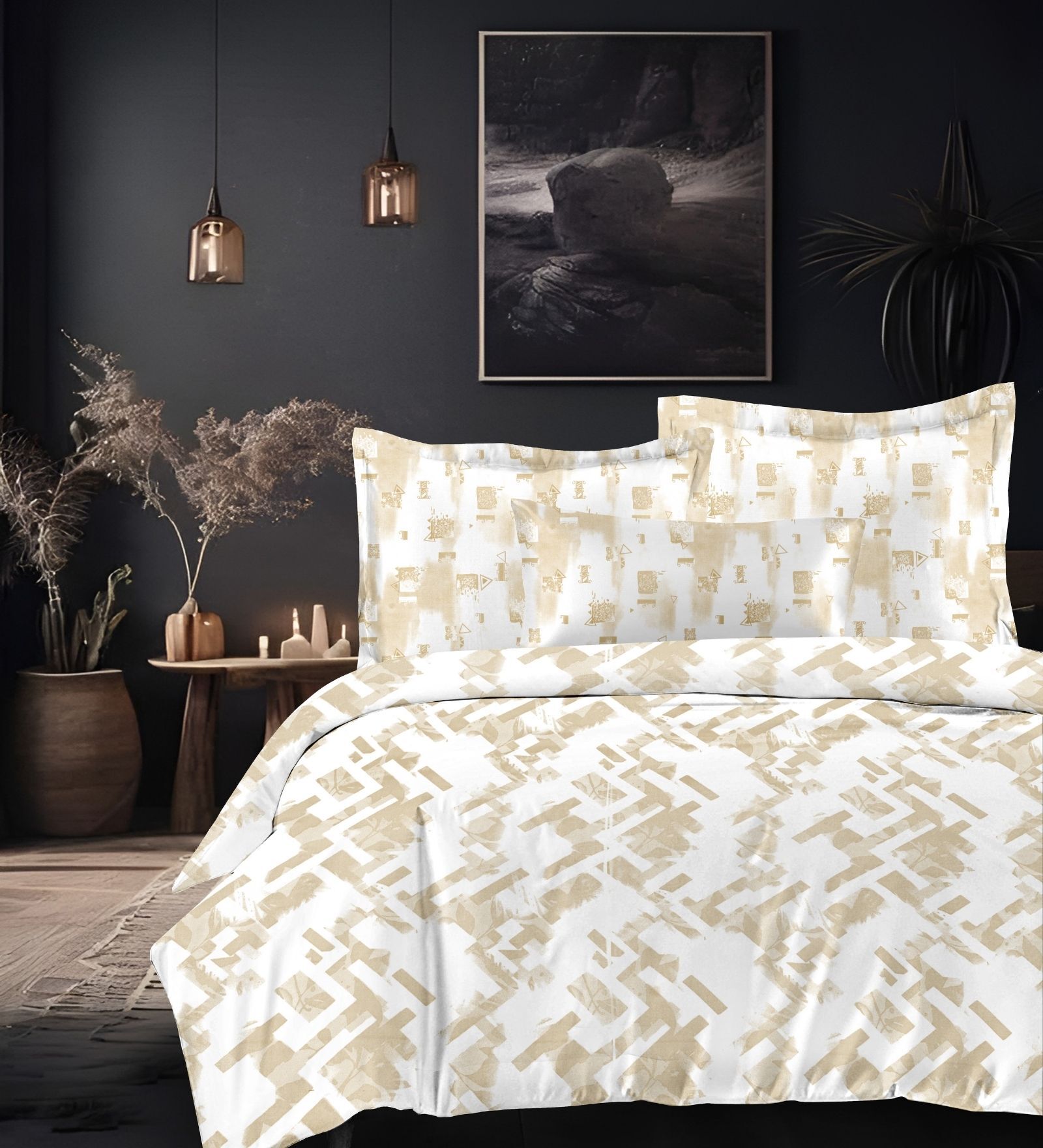 Yellow Cotton Pritned 300TC Super King Bedsheet with 2 Coordinate Pillow Covers