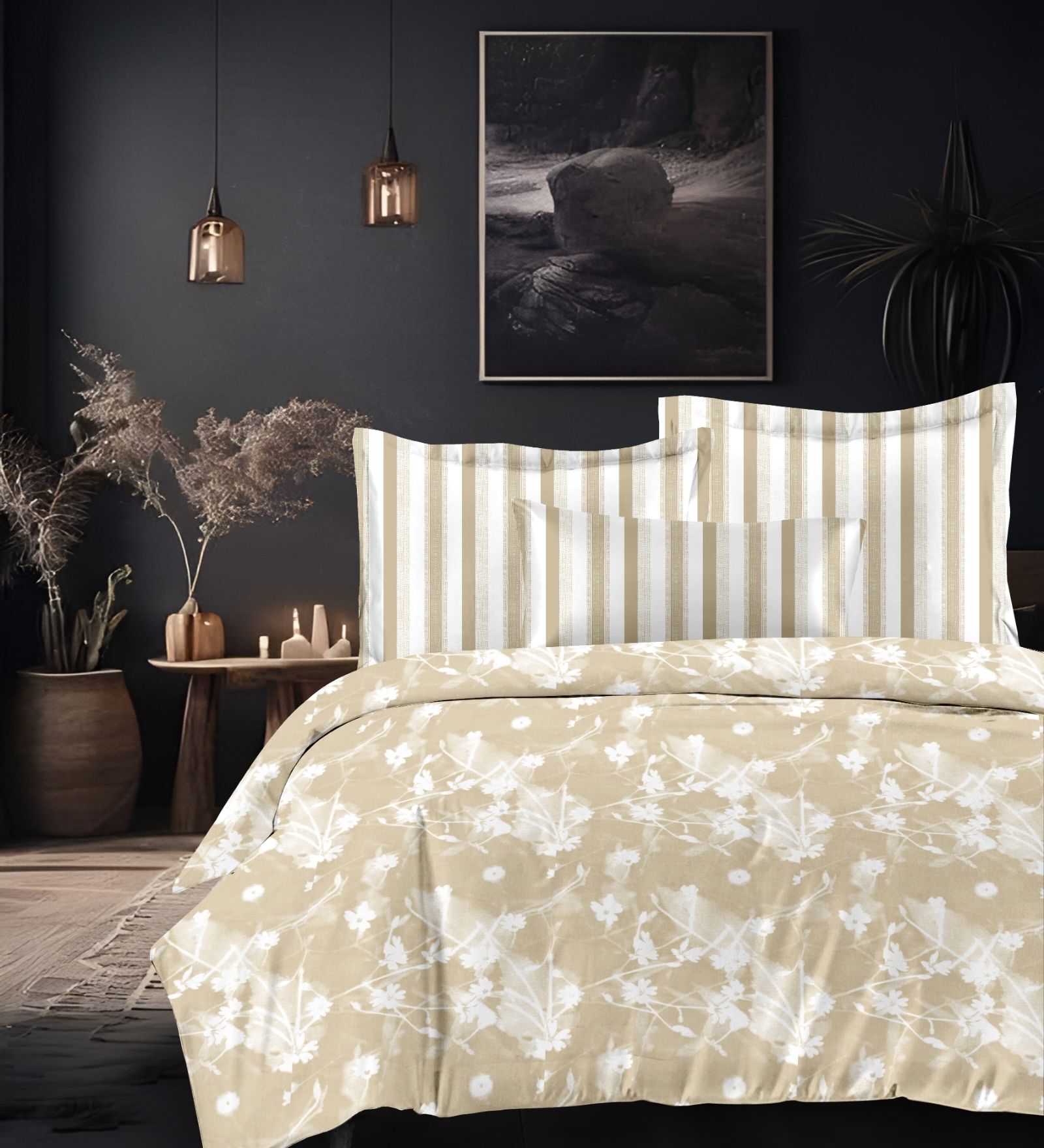 Yellow Cotton Pritned 300TC Super King Bedsheet with 2 Coordinate Pillow Covers