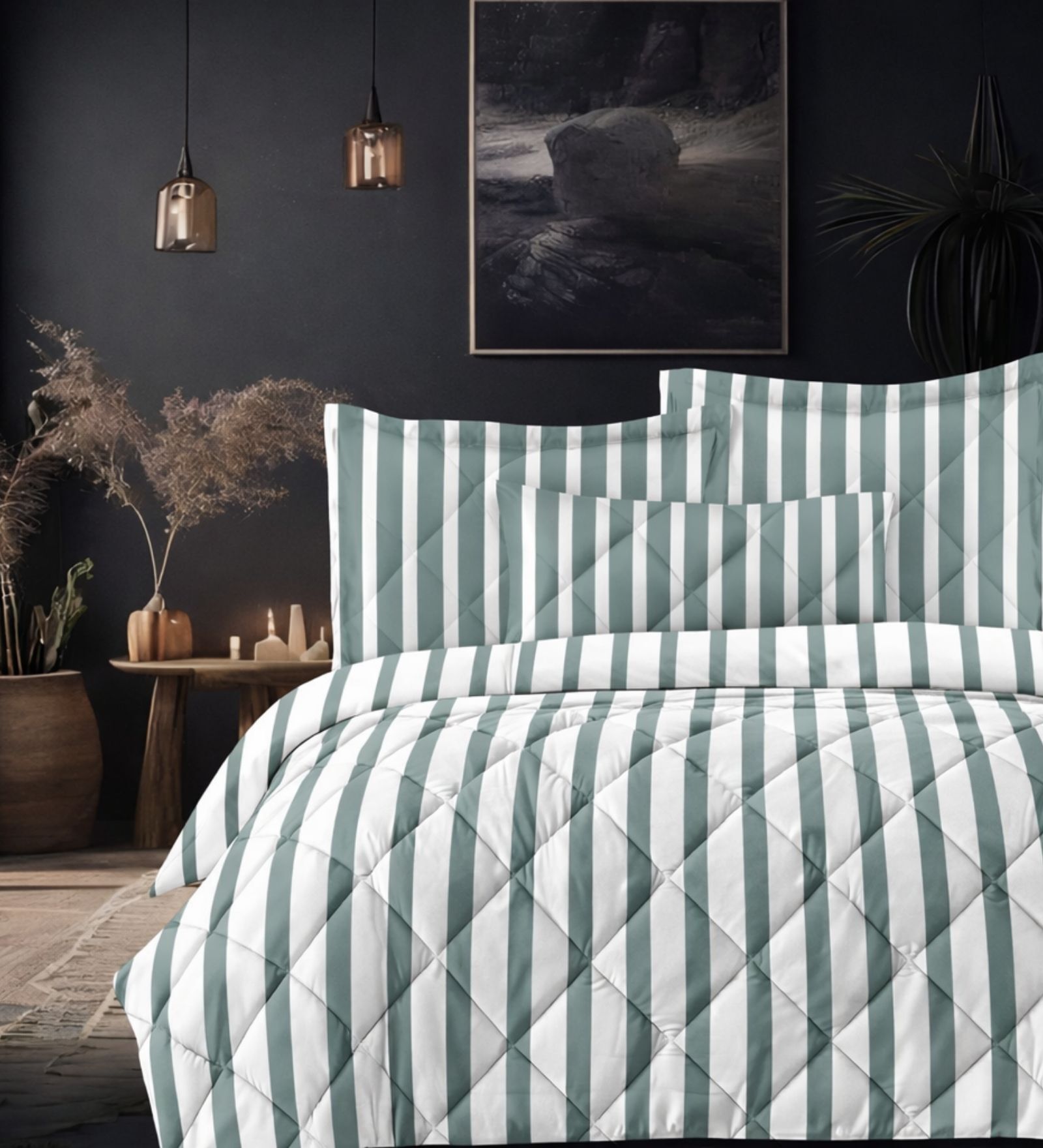 Green Cotton 210TC Printed All Weather Double 150GSM Bedding Set 1 Comforter 1 Bedsheet 2 Pillow Covers