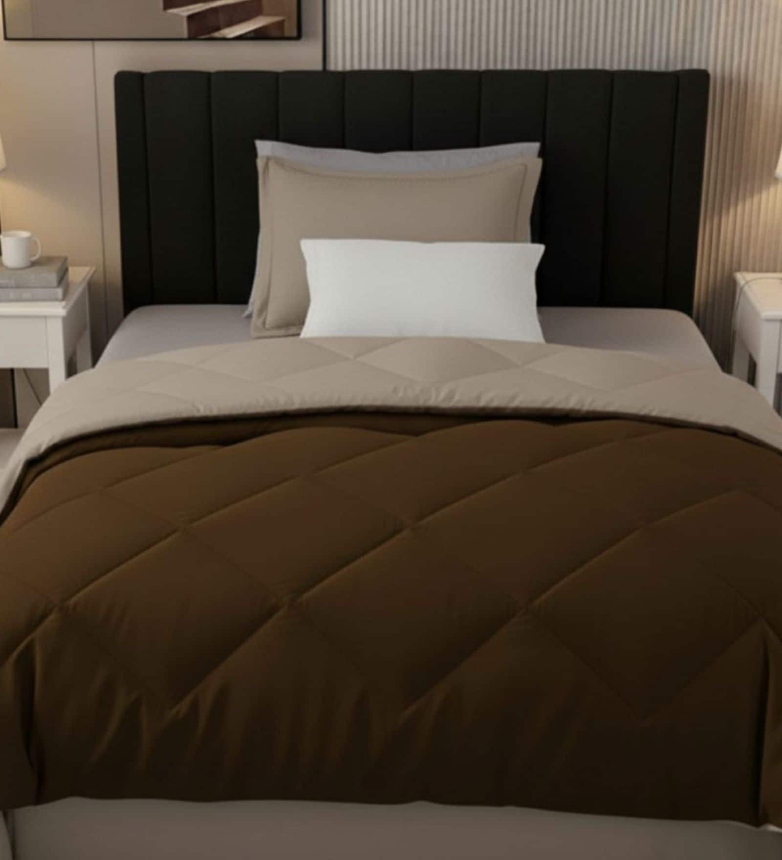 Brown Cotton 210TC Solid Plain All Weather Single 150GSM Reversible Comforter