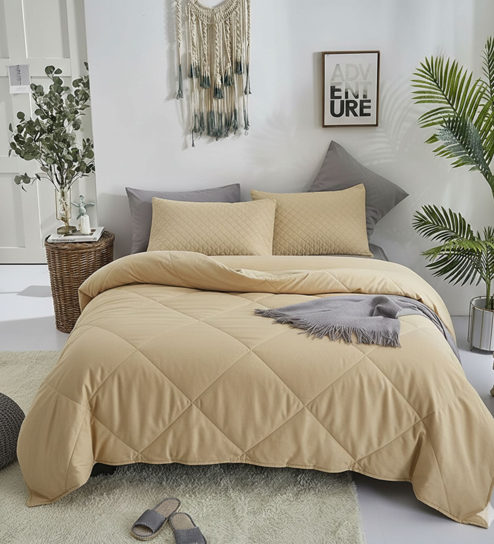 Brown Cotton 210TC Solid Plain Heavy Winter Double 400GSM Bedding Set 1 Comforter 1 Bedsheet 2 Pillow Covers