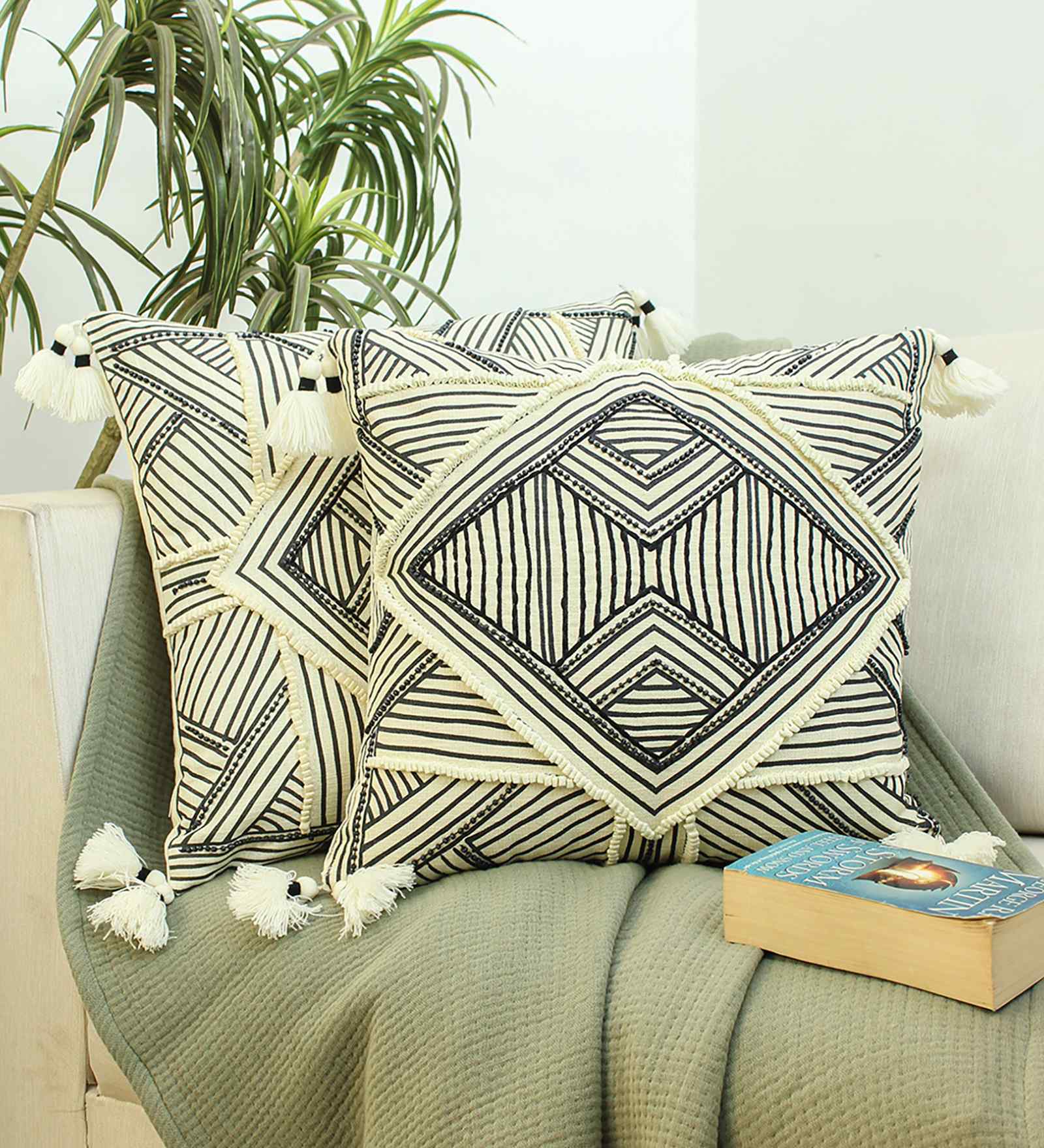 Grey Cotton Woven 16x16 inches Cushion Cover Set of 2