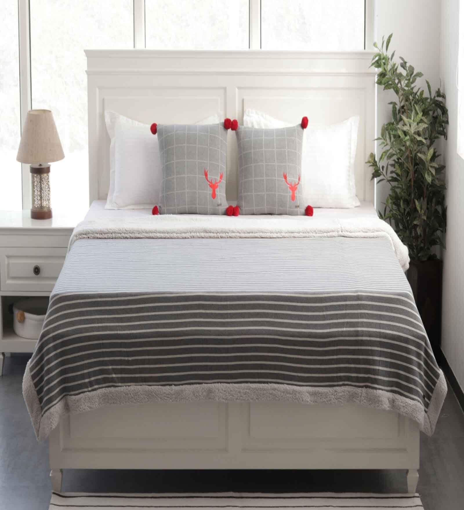 Grey Cotton Stripes 250 Gsm Double Bed Blanket