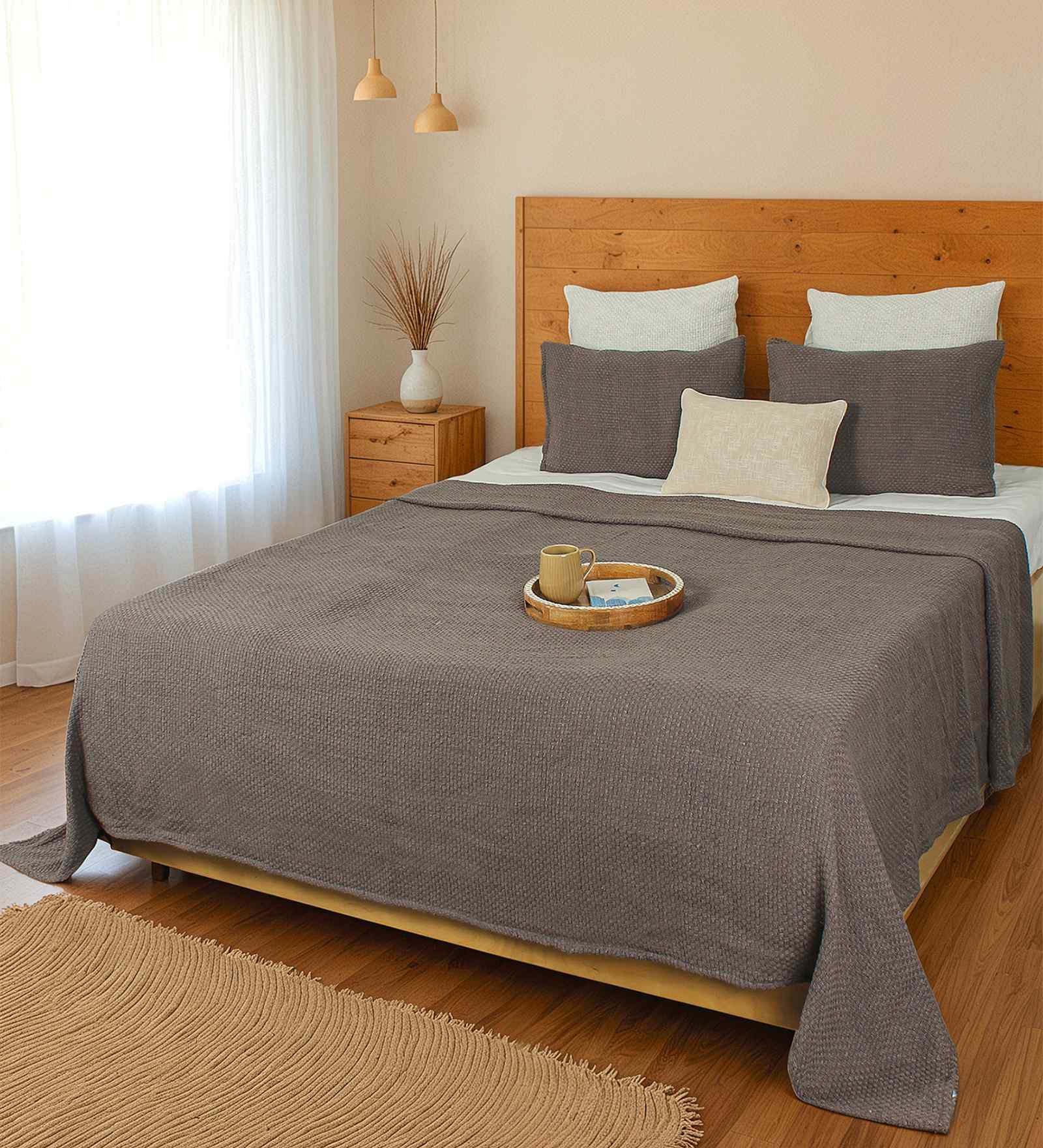 Grey Cotton Solid Double Bedcover