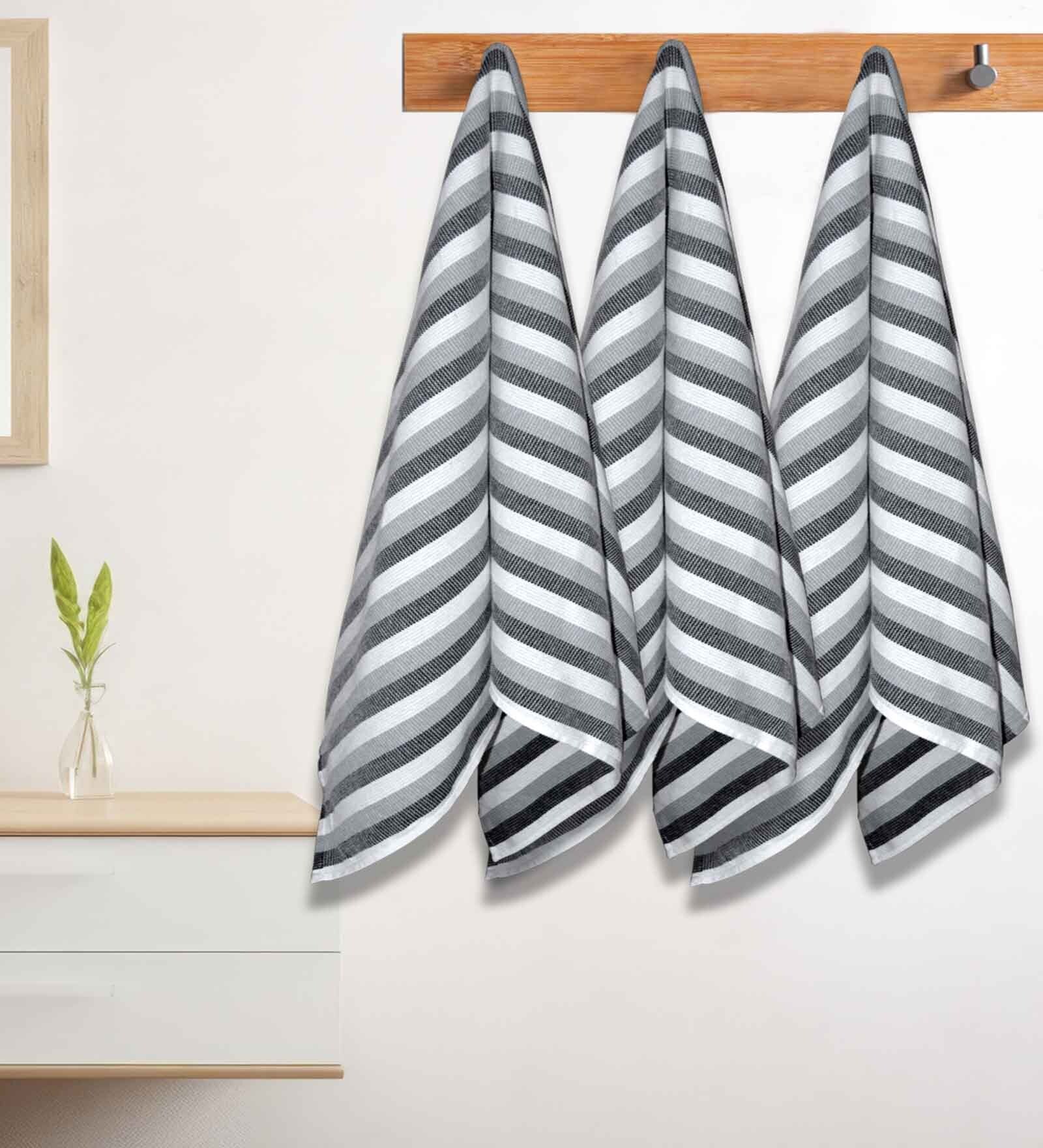 Grey Cotton Striped 220 GSM Bath Towels 3 Pc