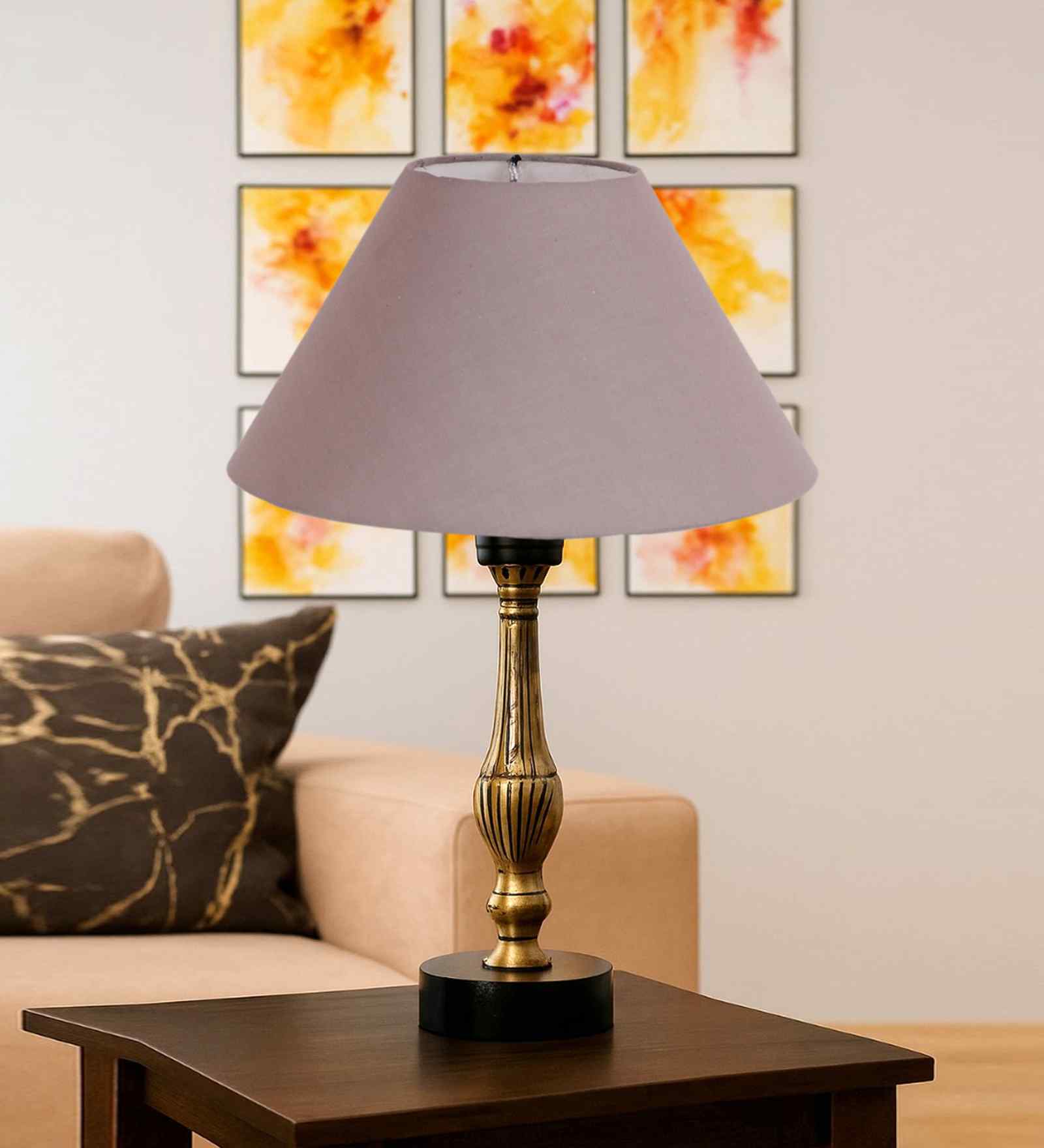 Grey Cotton Table Lamp With  Metal & Wood  Base 10X15 Inches