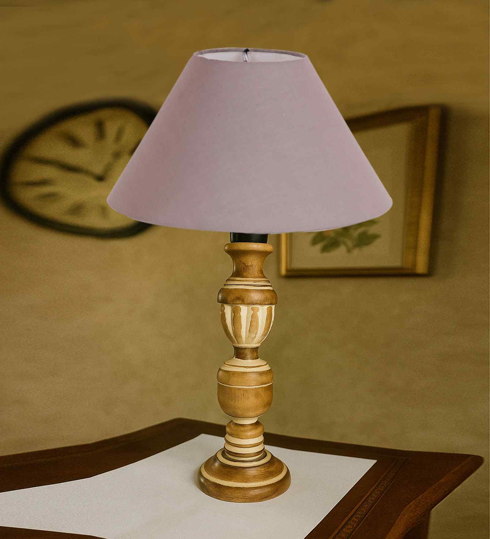 Grey Cotton Table Lamp With  Wood  Base 10X19 Inches