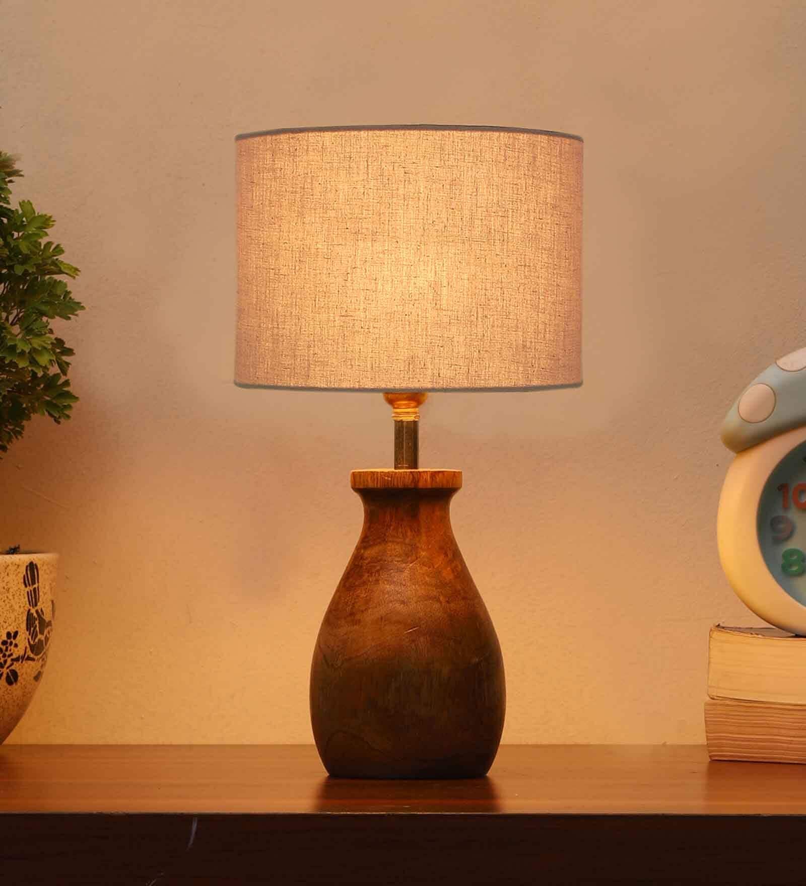 Grey Cotton Table Lamp With Wood Base