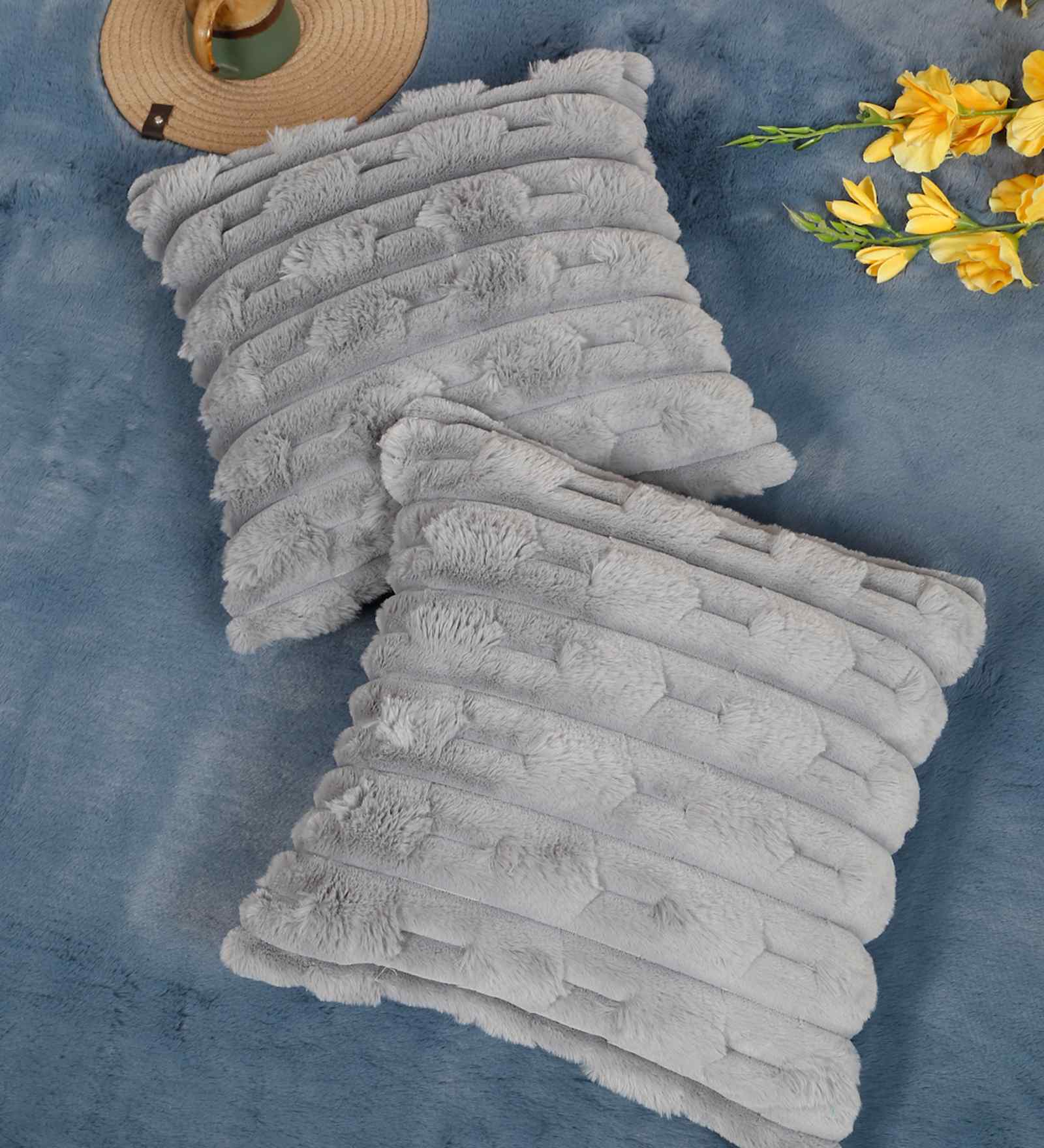 Grey Cotton Textured 16X16 Inches Cushion Covers (Pack of 2)