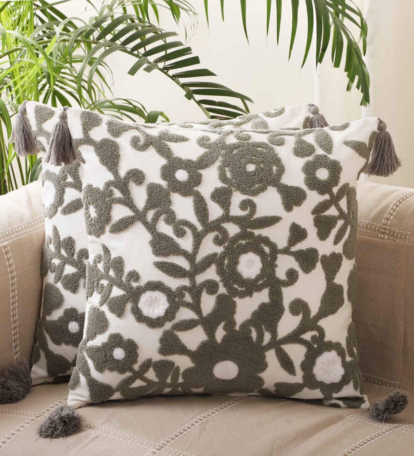 Grey Cotton Textured 18x18 inches Cushion Covers (Set of 2)