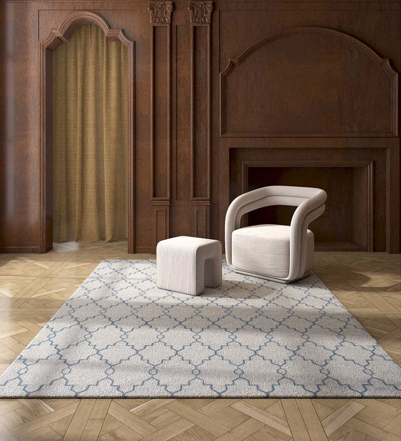 Grey Damask Wool 8 ft x 10 ft Hand Knotted Carpet