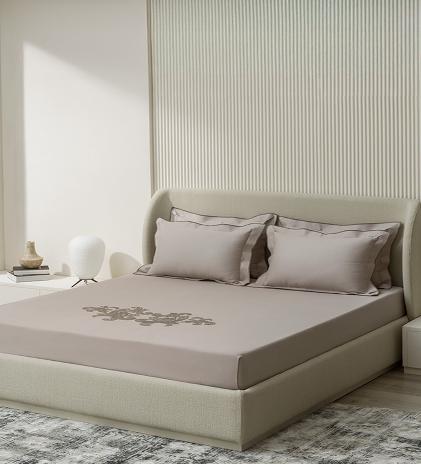 Grey Embroidered 210 TC Cotton King Sized Bedsheet with 2 Pillow Covers