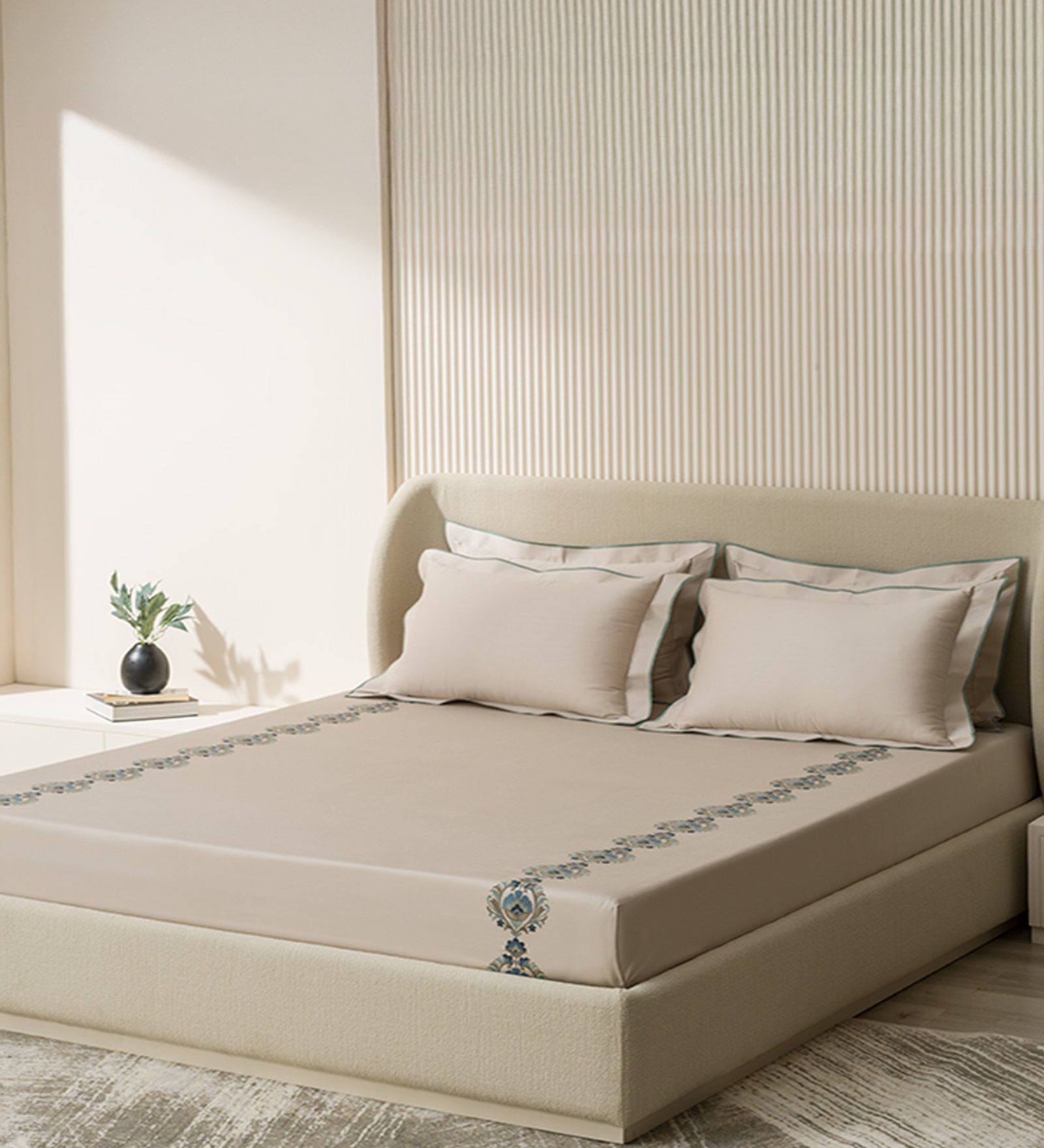 Grey Embroidered 210 TC Cotton King Sized Bedsheet with 2 Pillow Covers