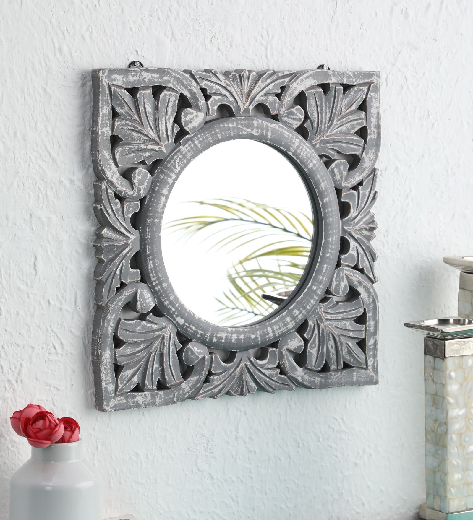 Grey Engineered Wood Gothic Decorative Mirror