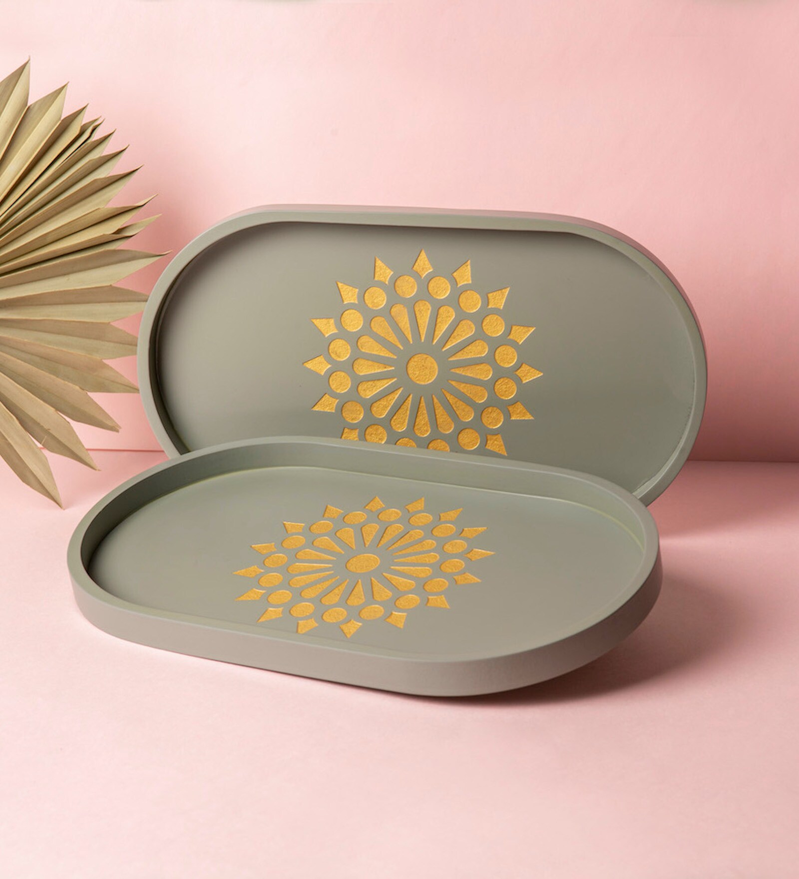 Grey Premium MDF Engraved Oval Tray Medium with Mandala Art