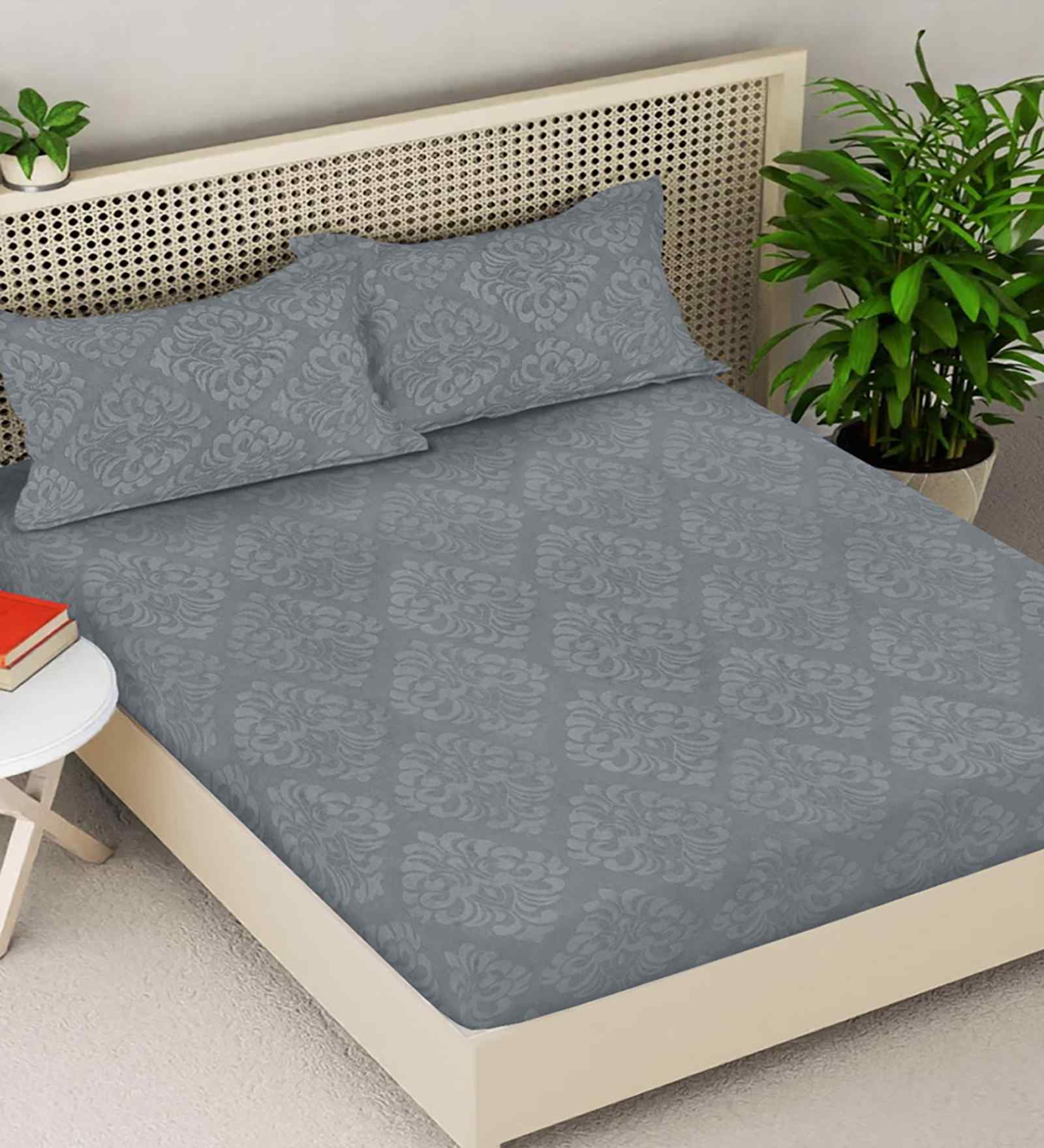 Grey Ethnic 300 TC Cotton Blend King Size Fitted Embossed Double Bedsheet with 2 Pillow Covers